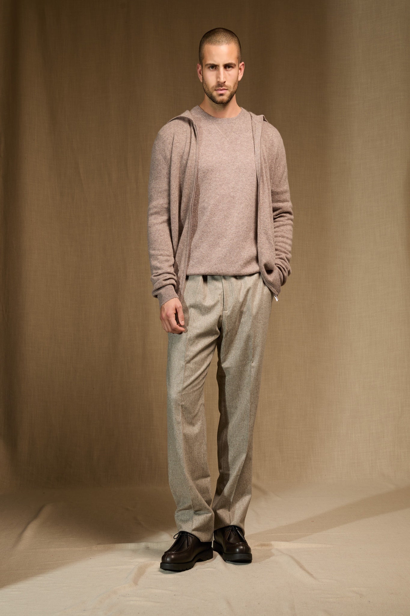 eldo gilet zippé capuche caribou chiné 100% cachemire