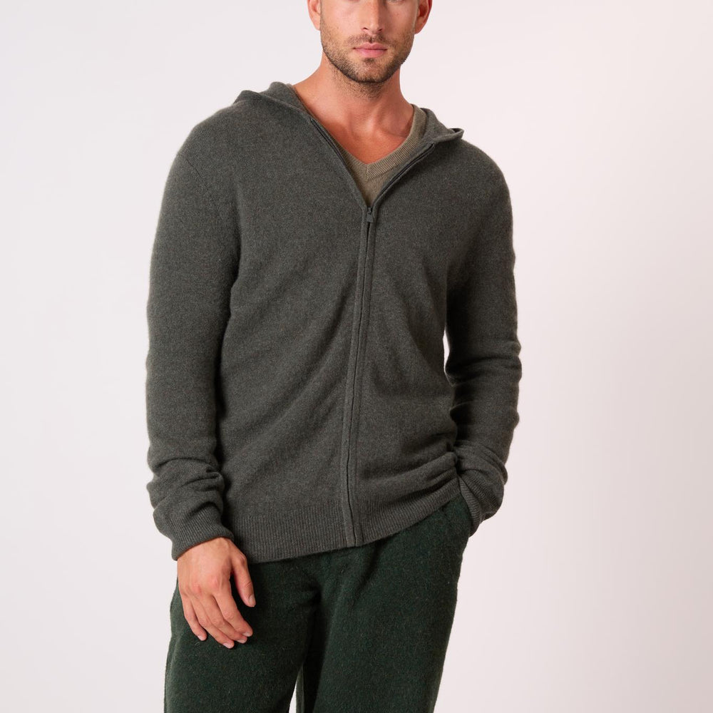 ELDO gilet zippé capuche kaki chiné 100% cachemire