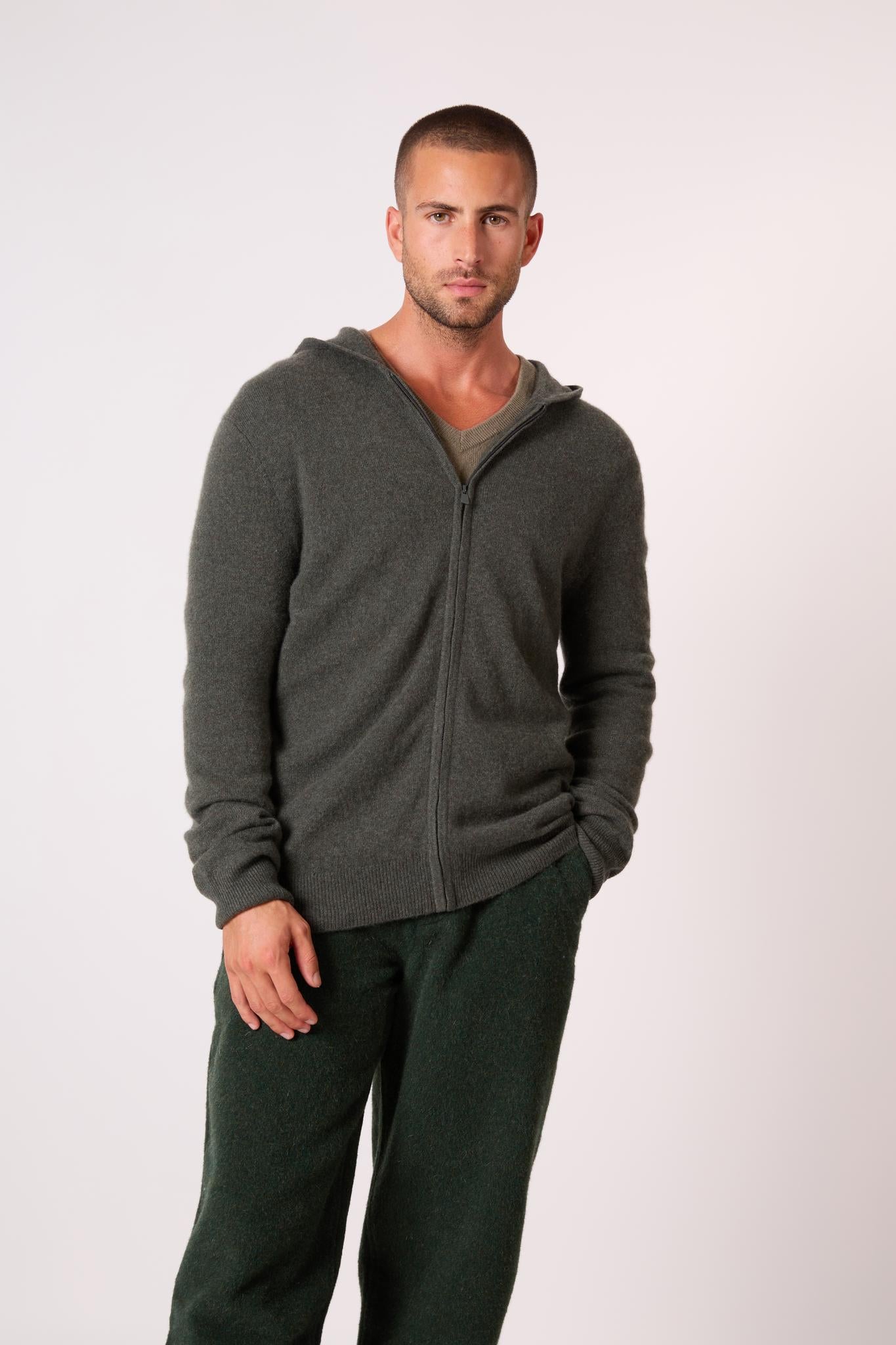 ELDO gilet zippé capuche kaki chiné 100% cachemire