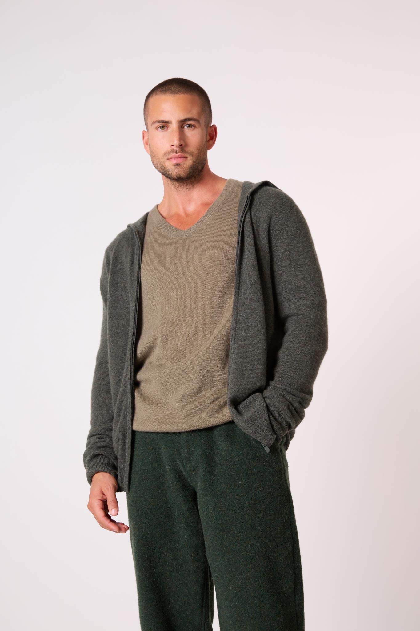 ELDO gilet zippé capuche kaki chiné 100% cachemire