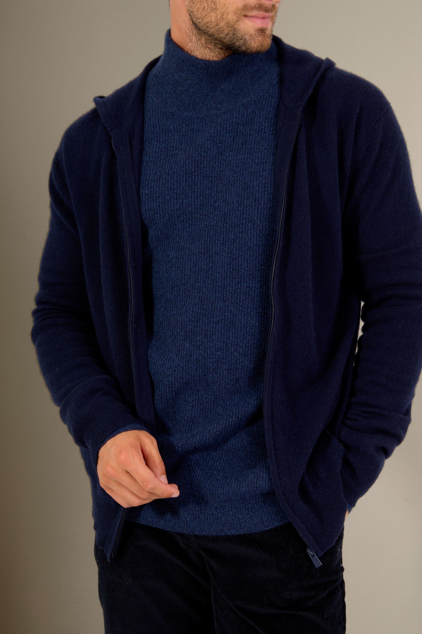 eldo gilet zippé capuche navy 100% cachemire