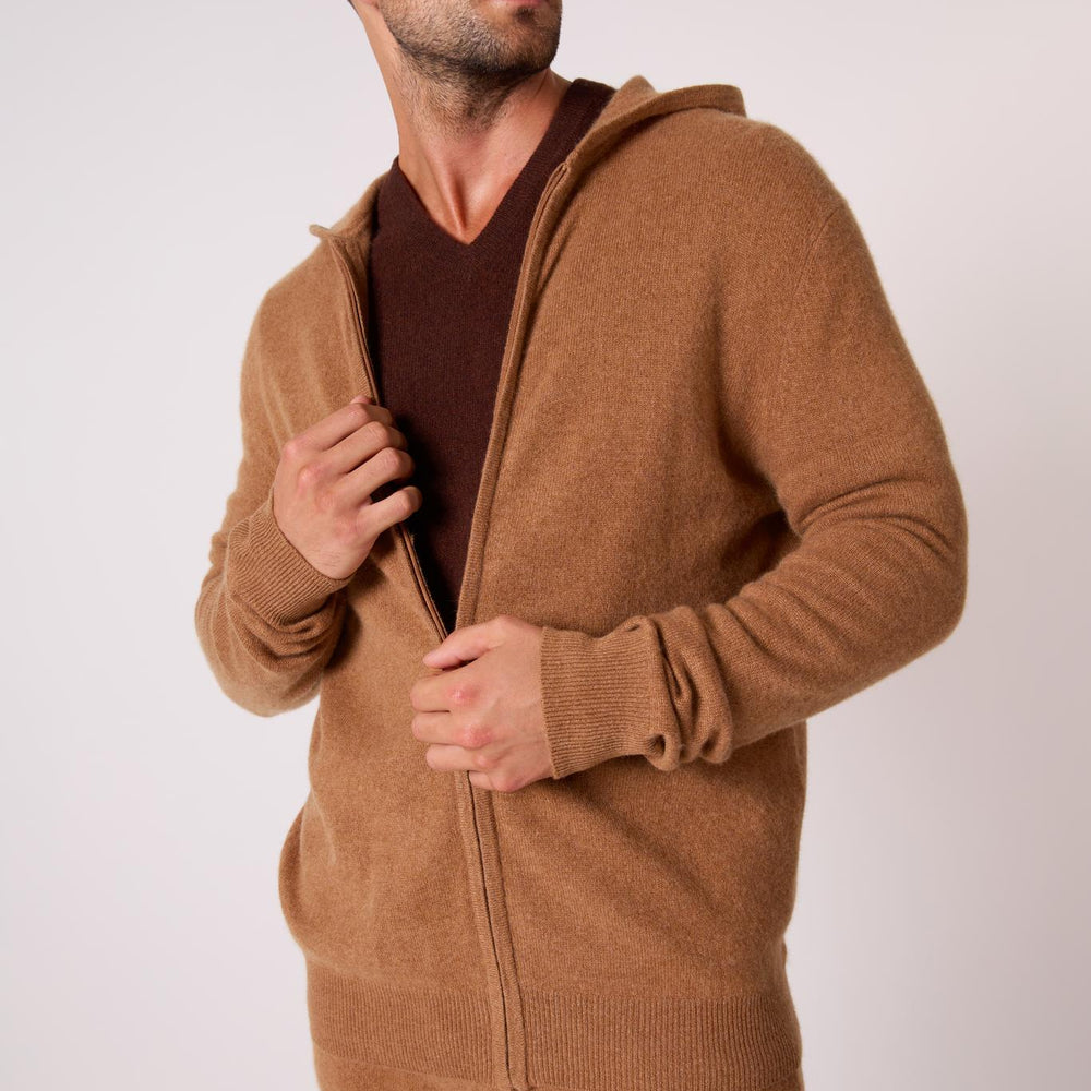 ELDO gilet zippé capuche noisette 100% cachemire