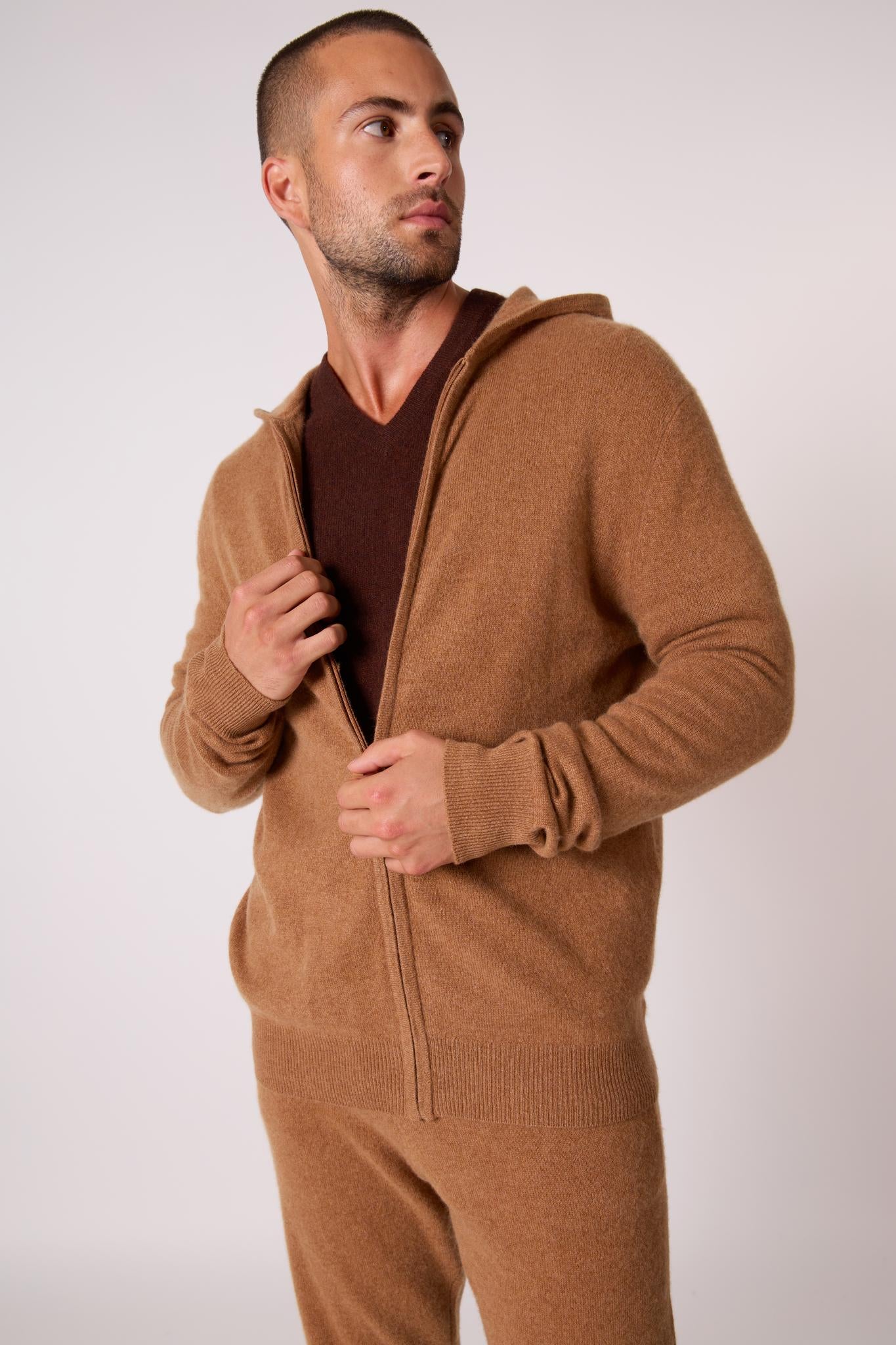 ELDO gilet zippé capuche noisette 100% cachemire