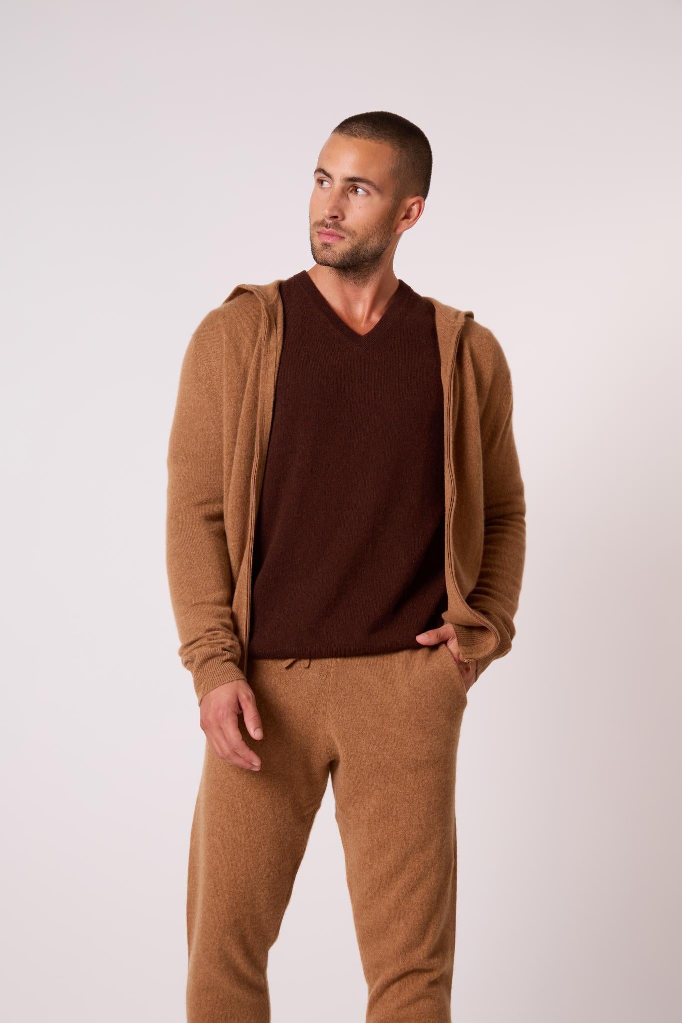 ELDO gilet zippé capuche noisette 100% cachemire