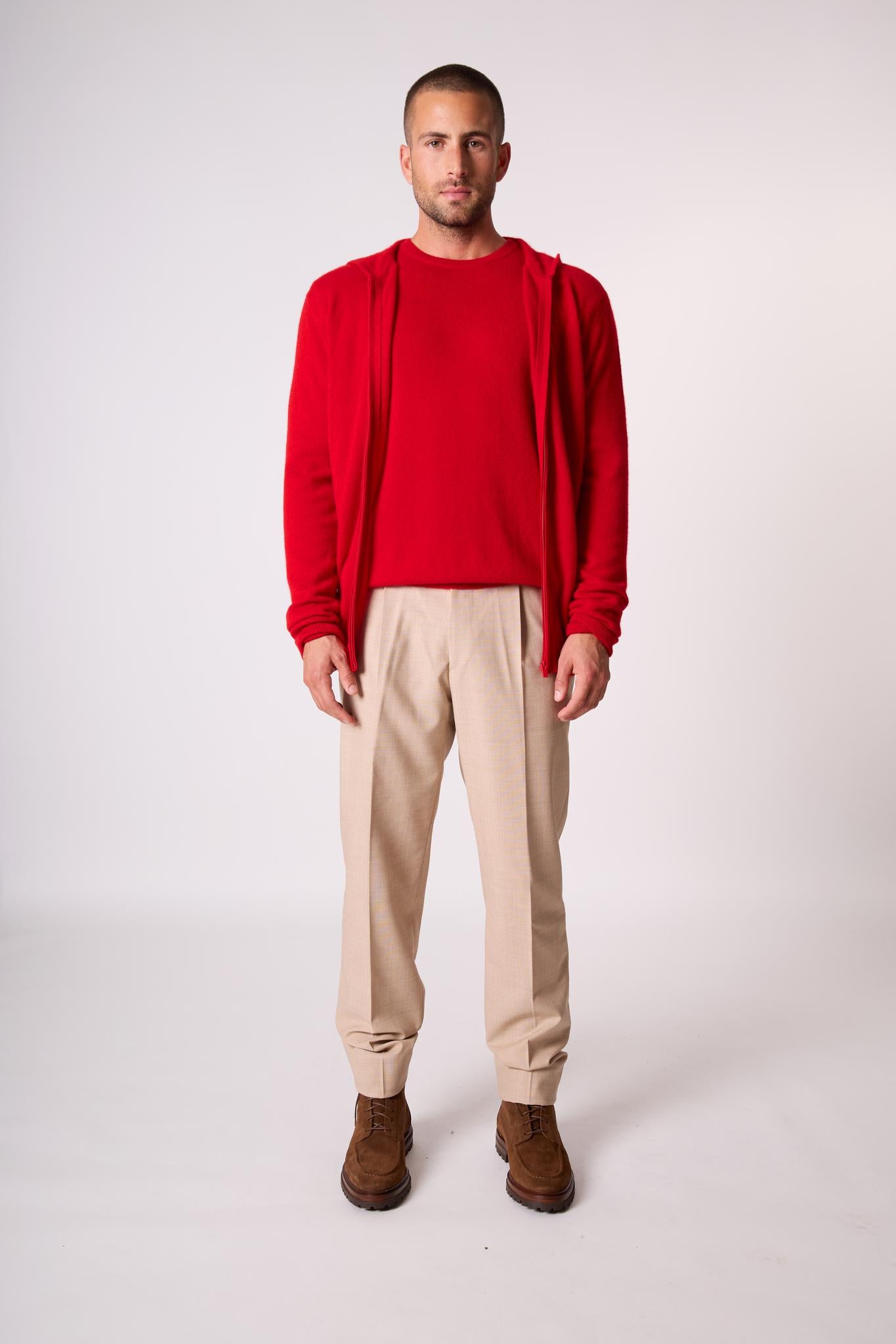 ELDO gilet zippé capuche rouge 100% cachemire