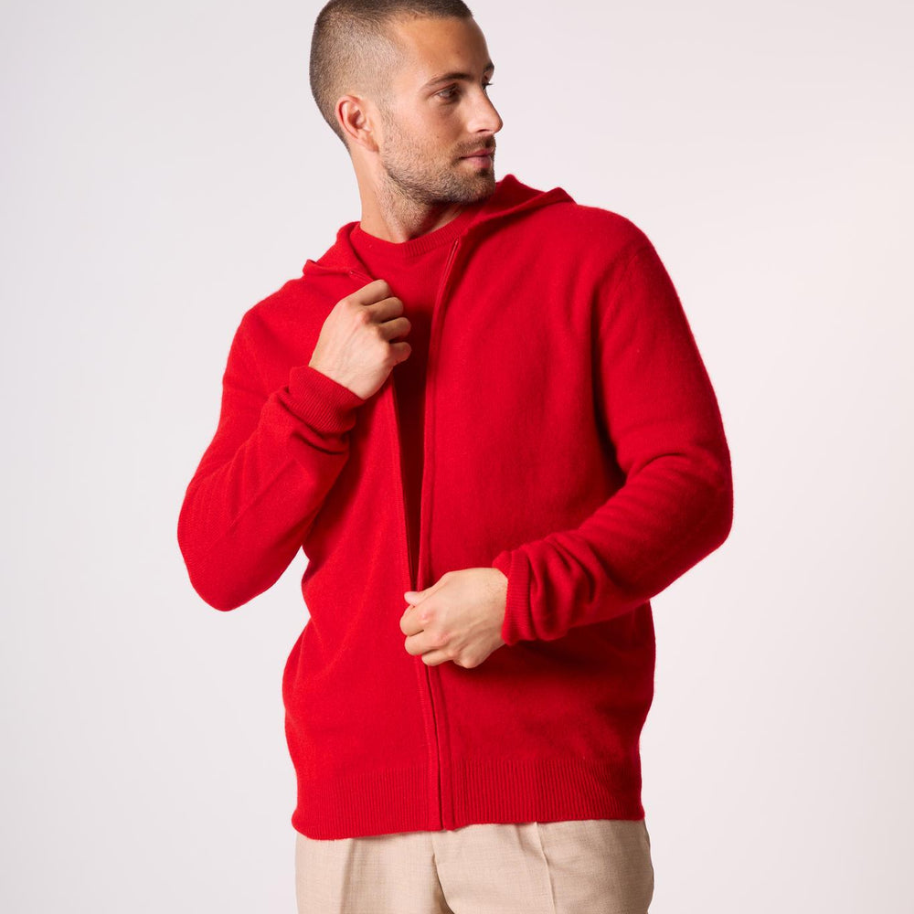 ELDO gilet zippé capuche rouge 100% cachemire