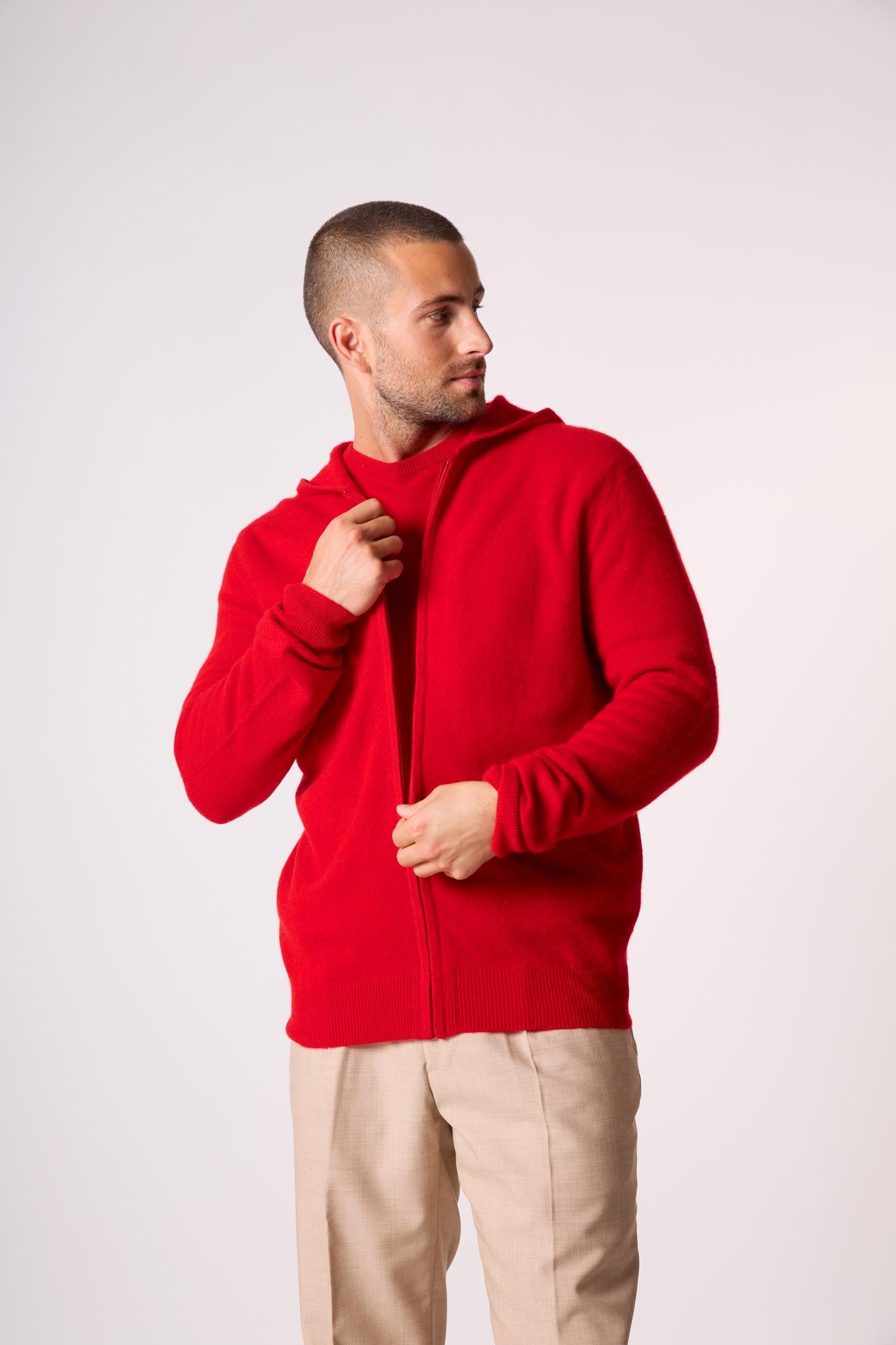 ELDO gilet zippé capuche rouge 100% cachemire
