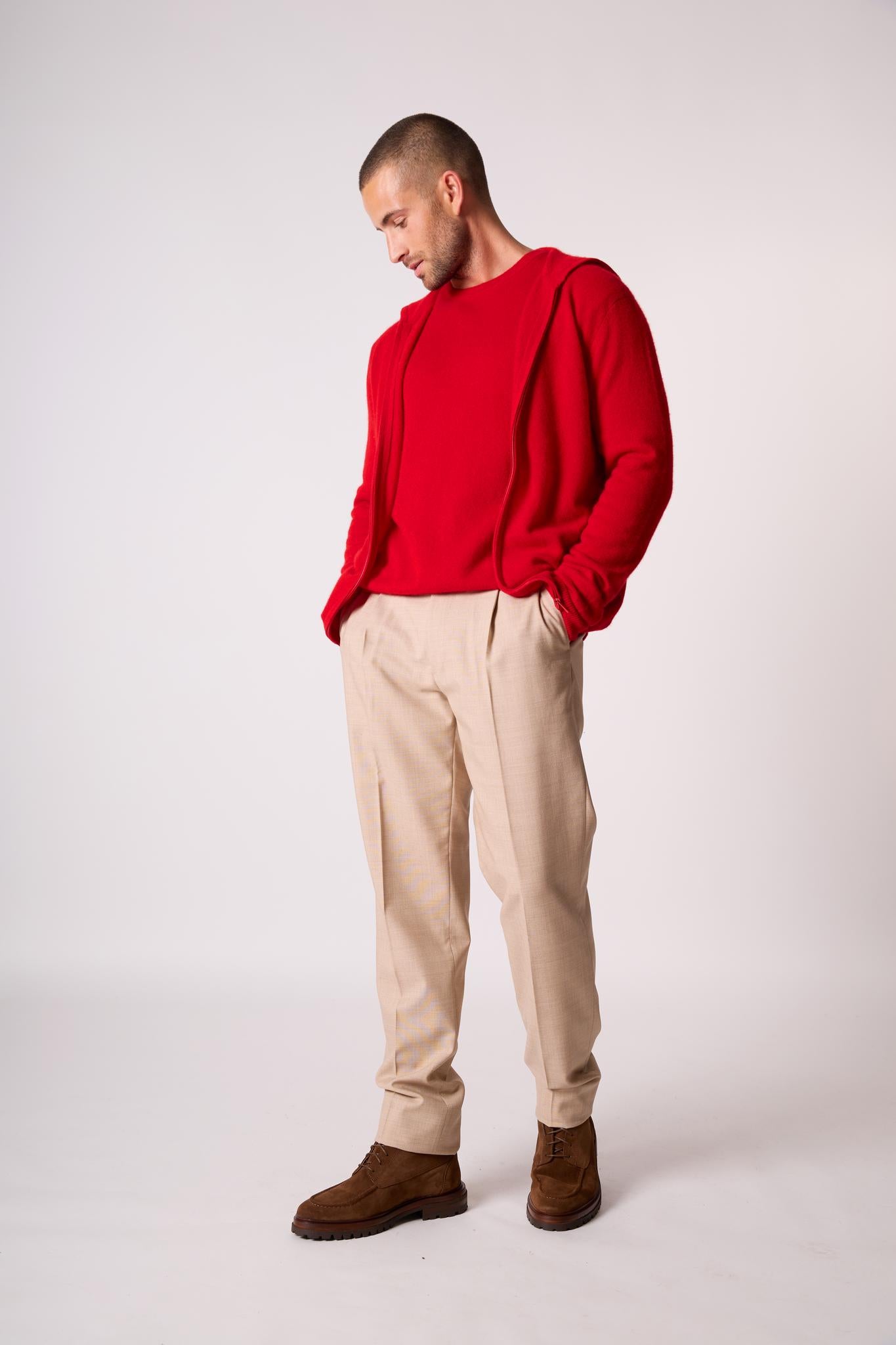 ELDO gilet zippé capuche rouge 100% cachemire