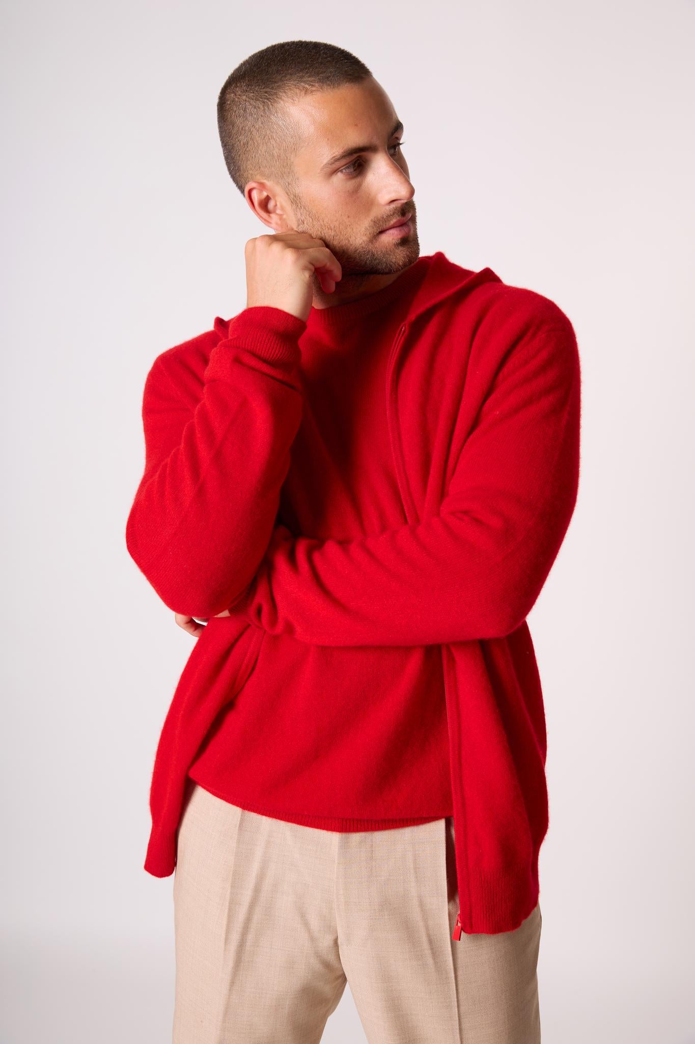 ELDO gilet zippé capuche rouge 100% cachemire