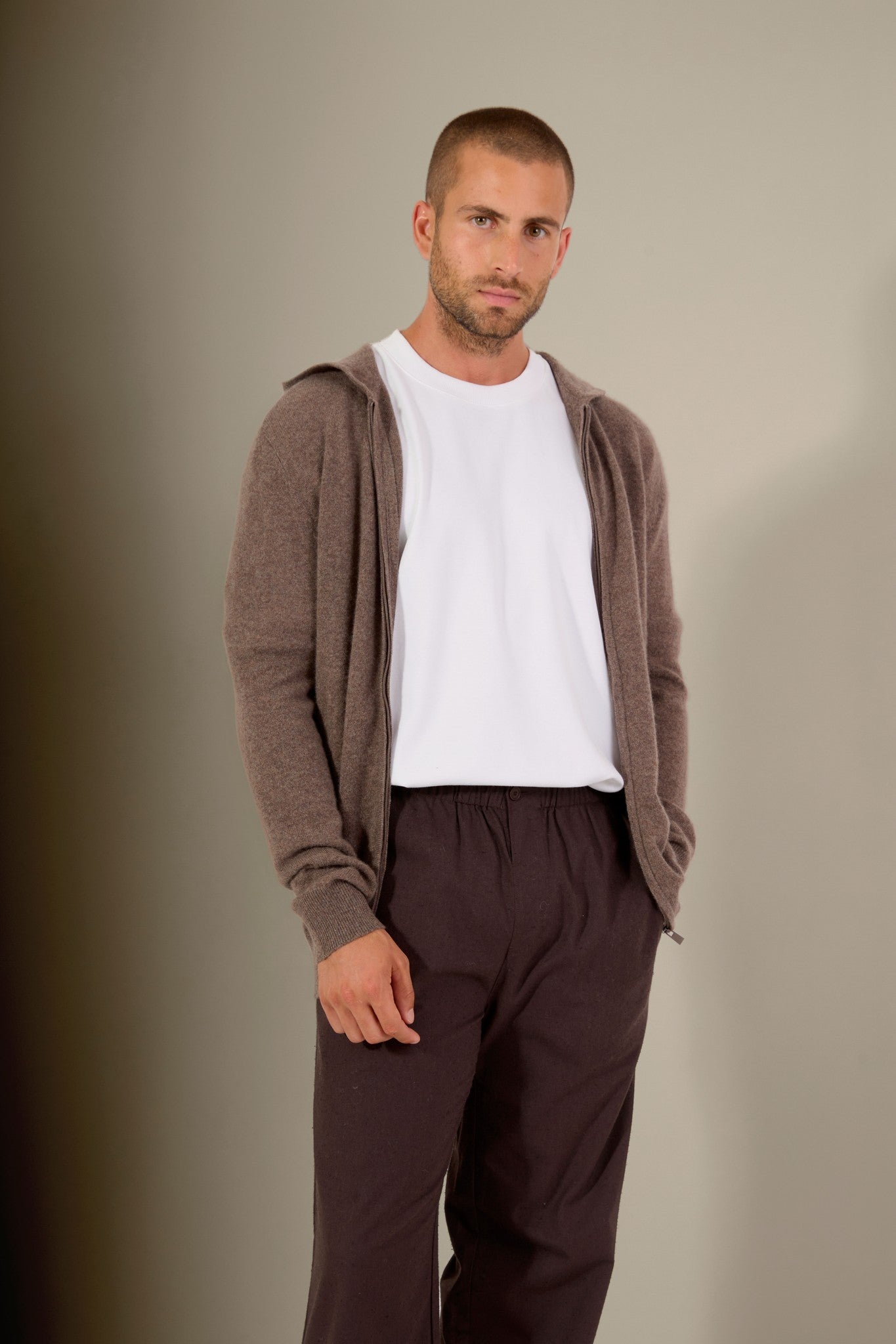 eldo gilet zippé capuche taupe chiné 100% cachemire