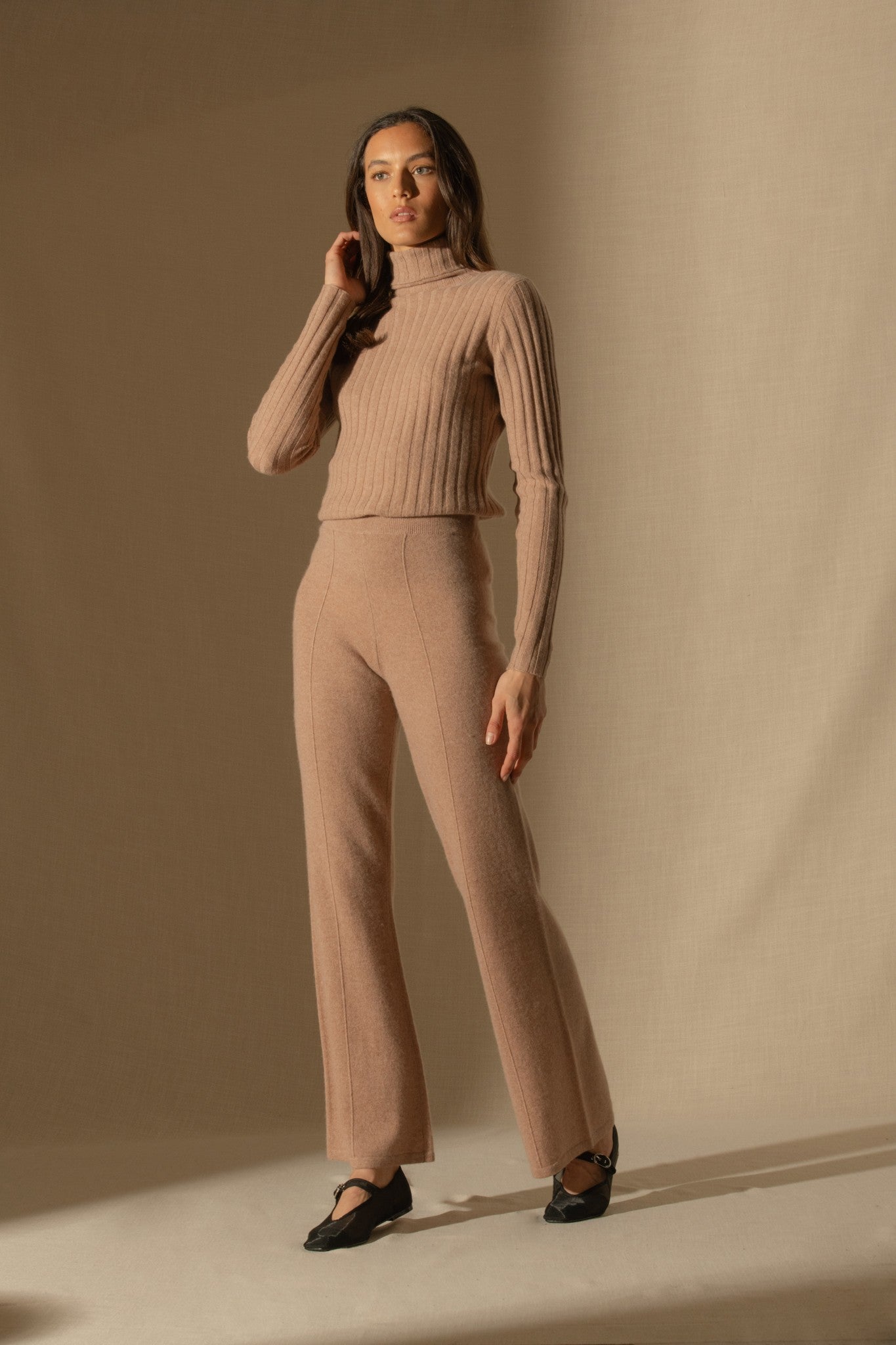 eloa pantalon large camel chiné 100% cachemire