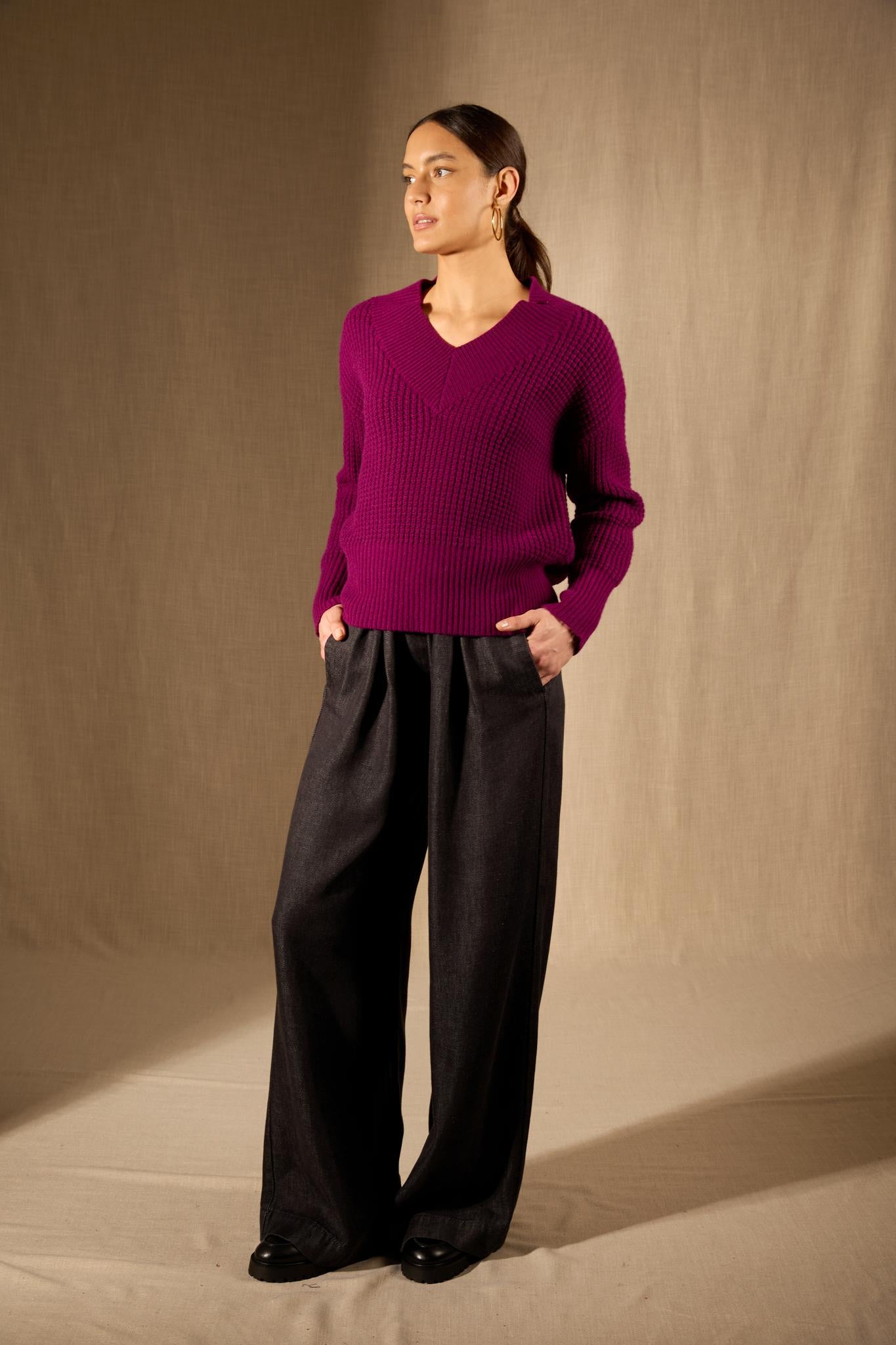 EMERES pull col v 8 fils prune 100% cachemire