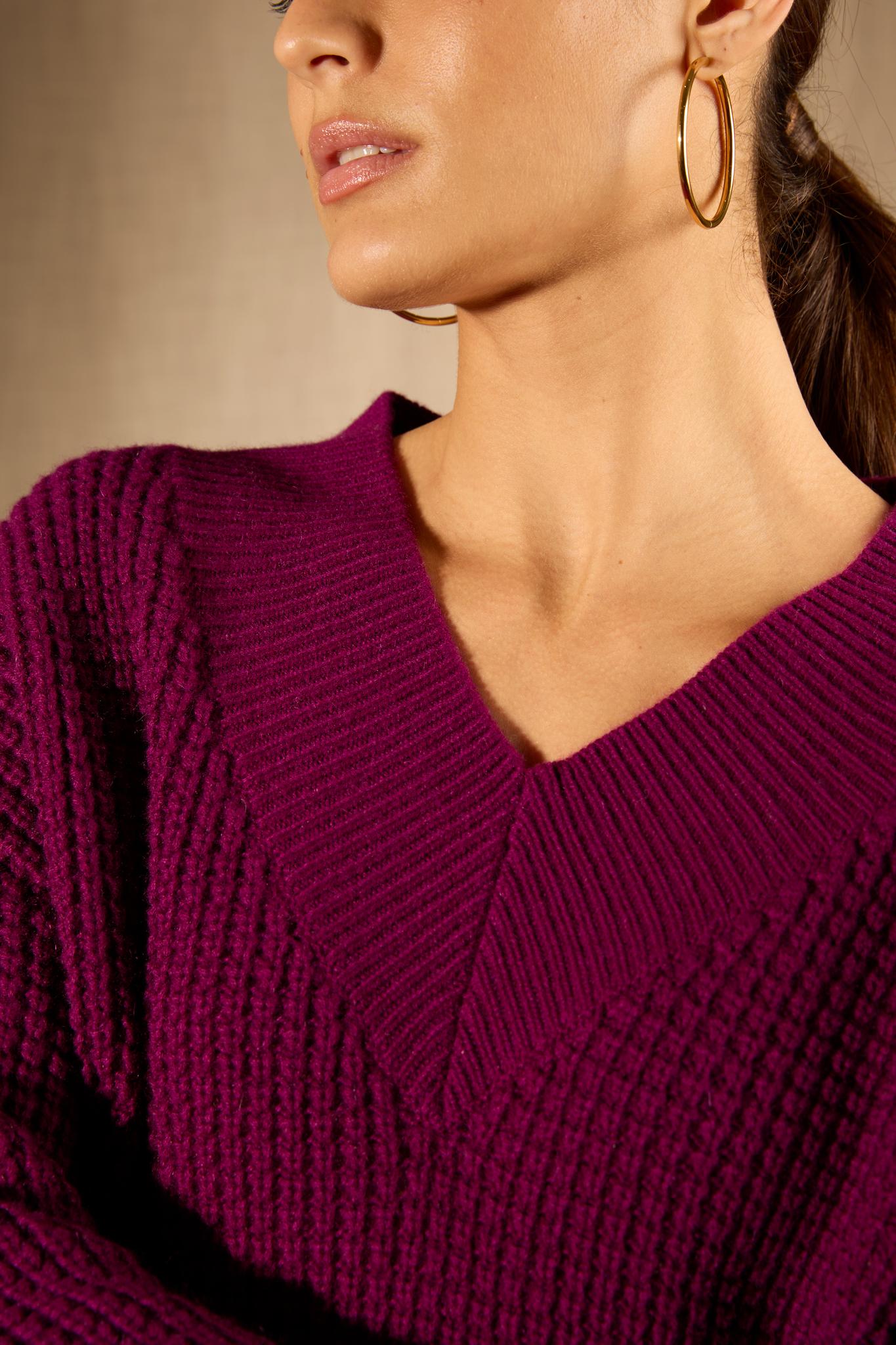 EMERES pull col v 8 fils prune 100% cachemire