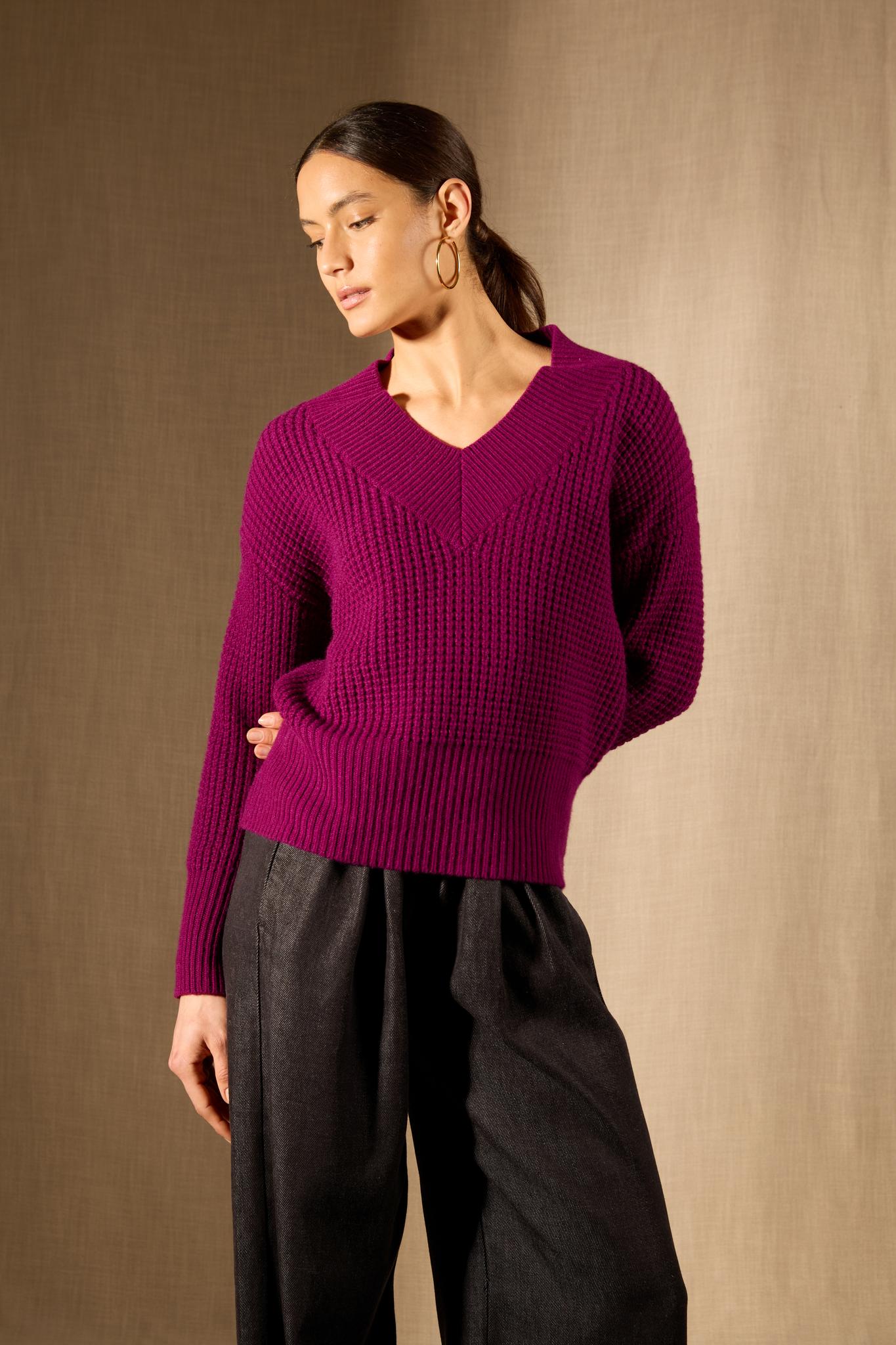 EMERES pull col v 8 fils prune 100% cachemire