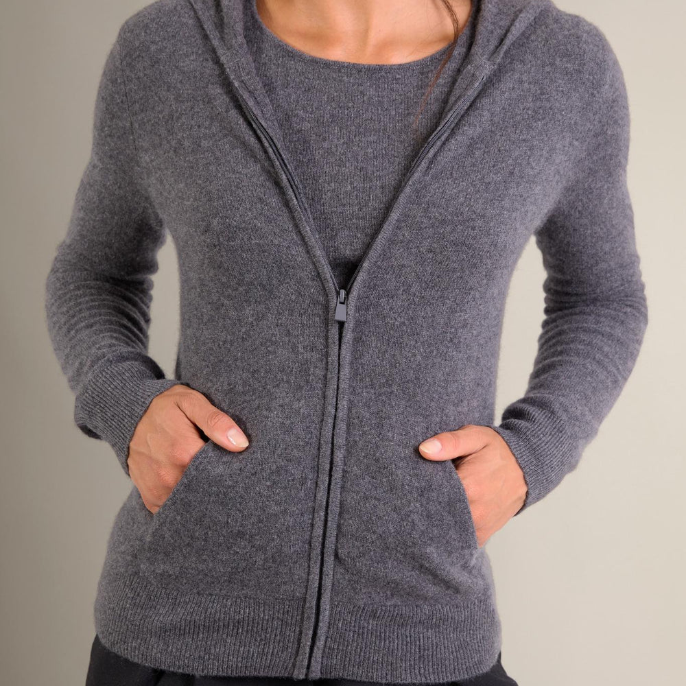 EMMA gilet zippé capuche anthracite chiné 100% cachemire