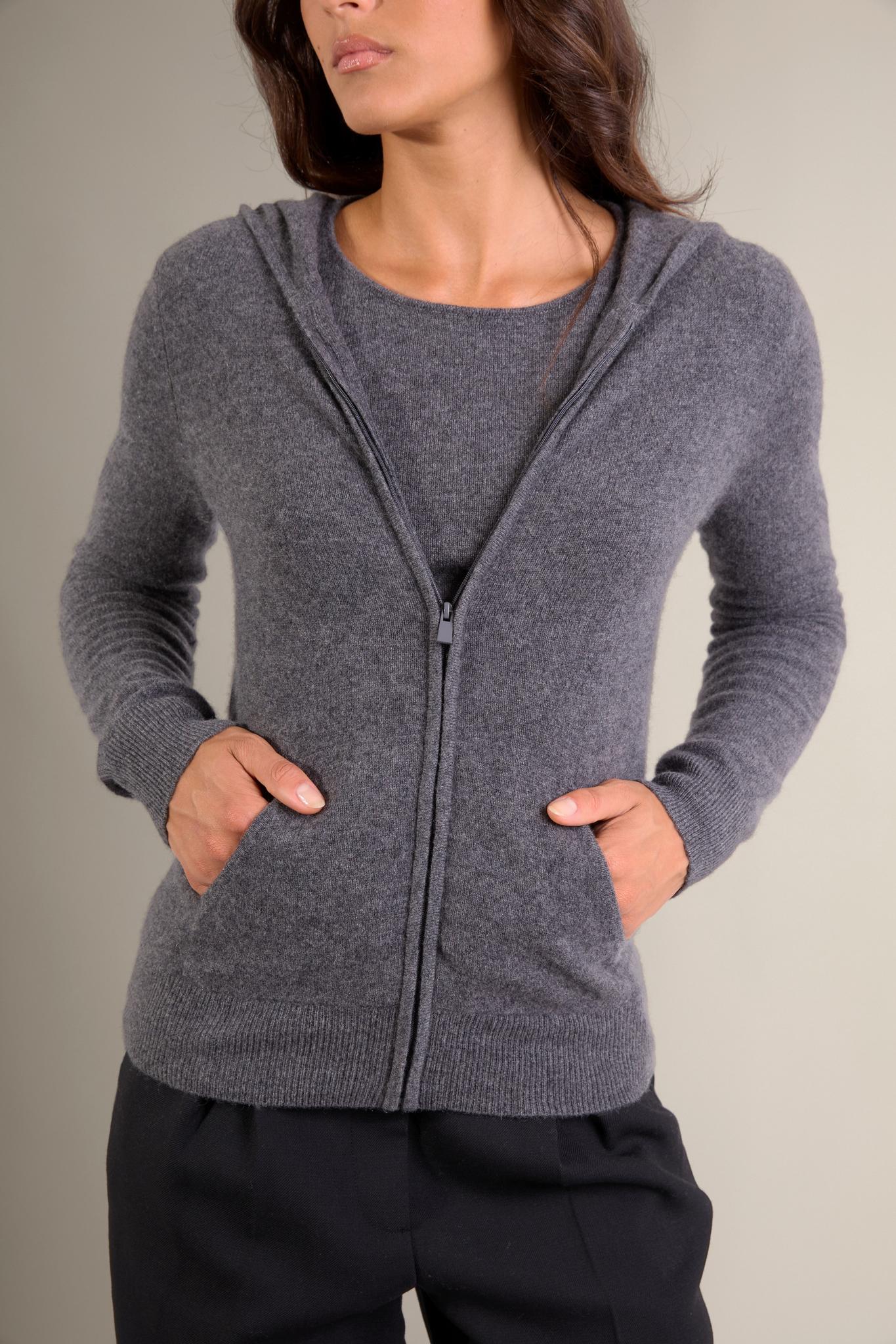 EMMA gilet zippé capuche anthracite chiné 100% cachemire
