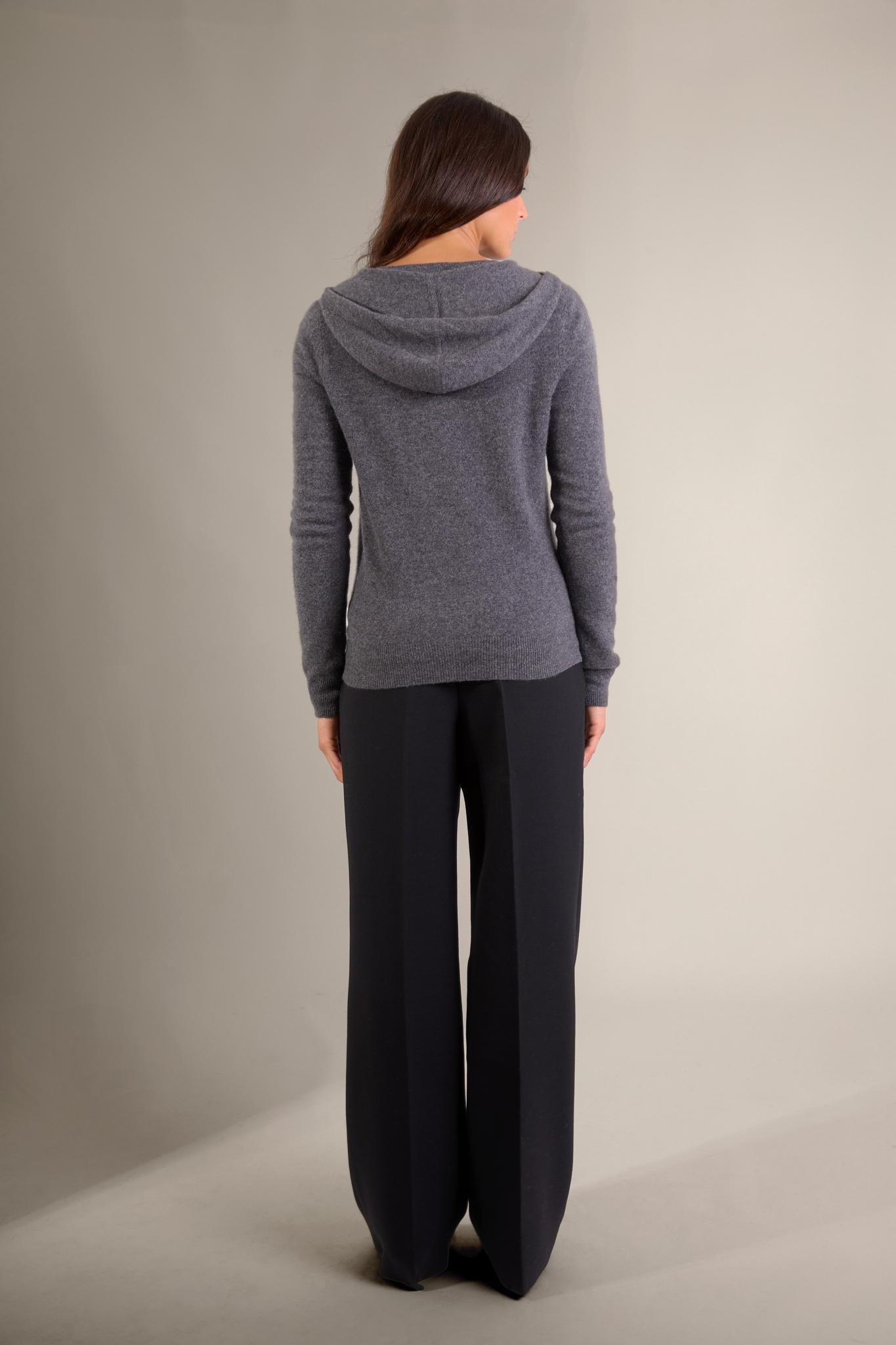 EMMA gilet zippé capuche anthracite chiné 100% cachemire