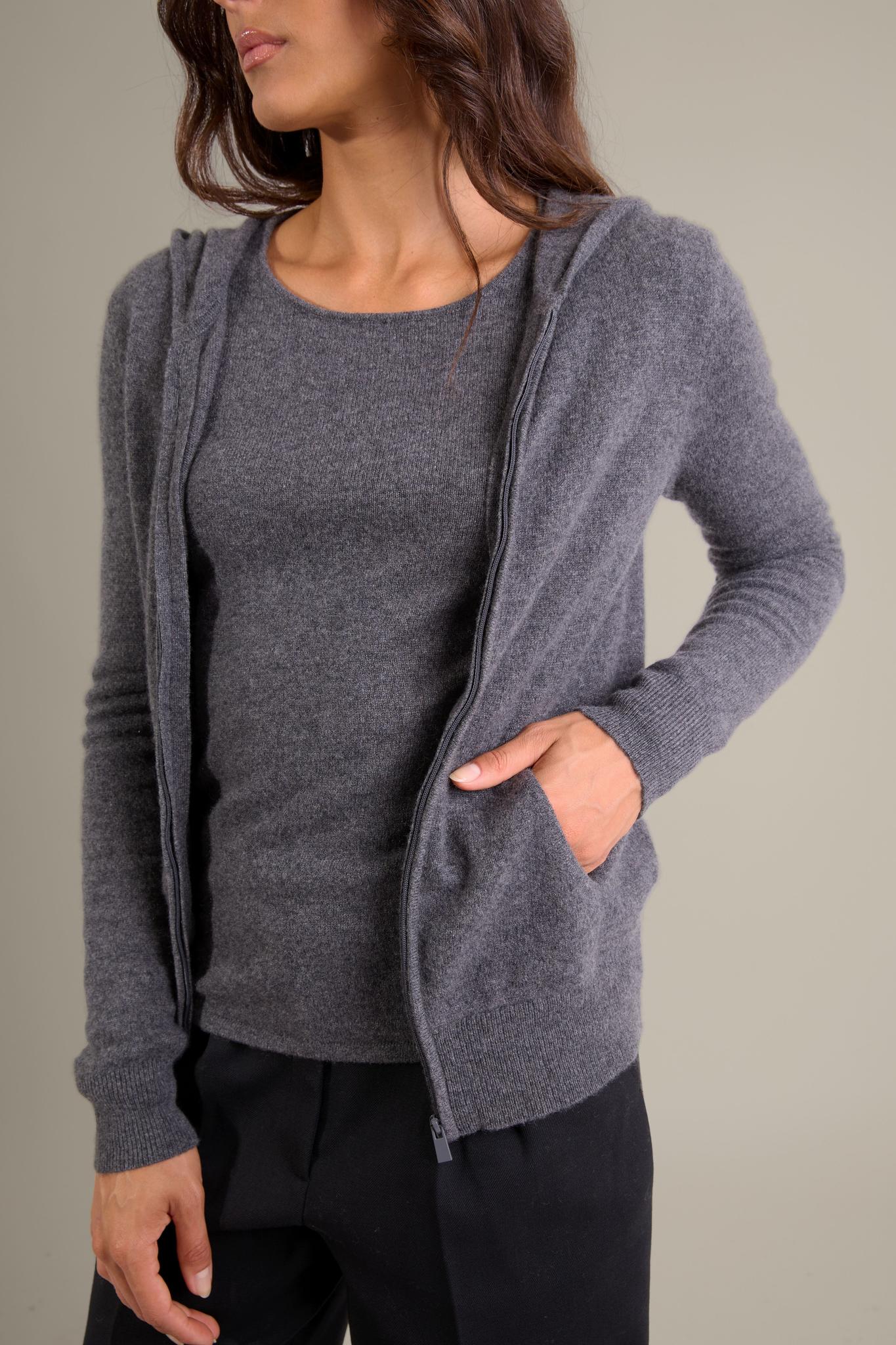 EMMA gilet zippé capuche anthracite chiné 100% cachemire
