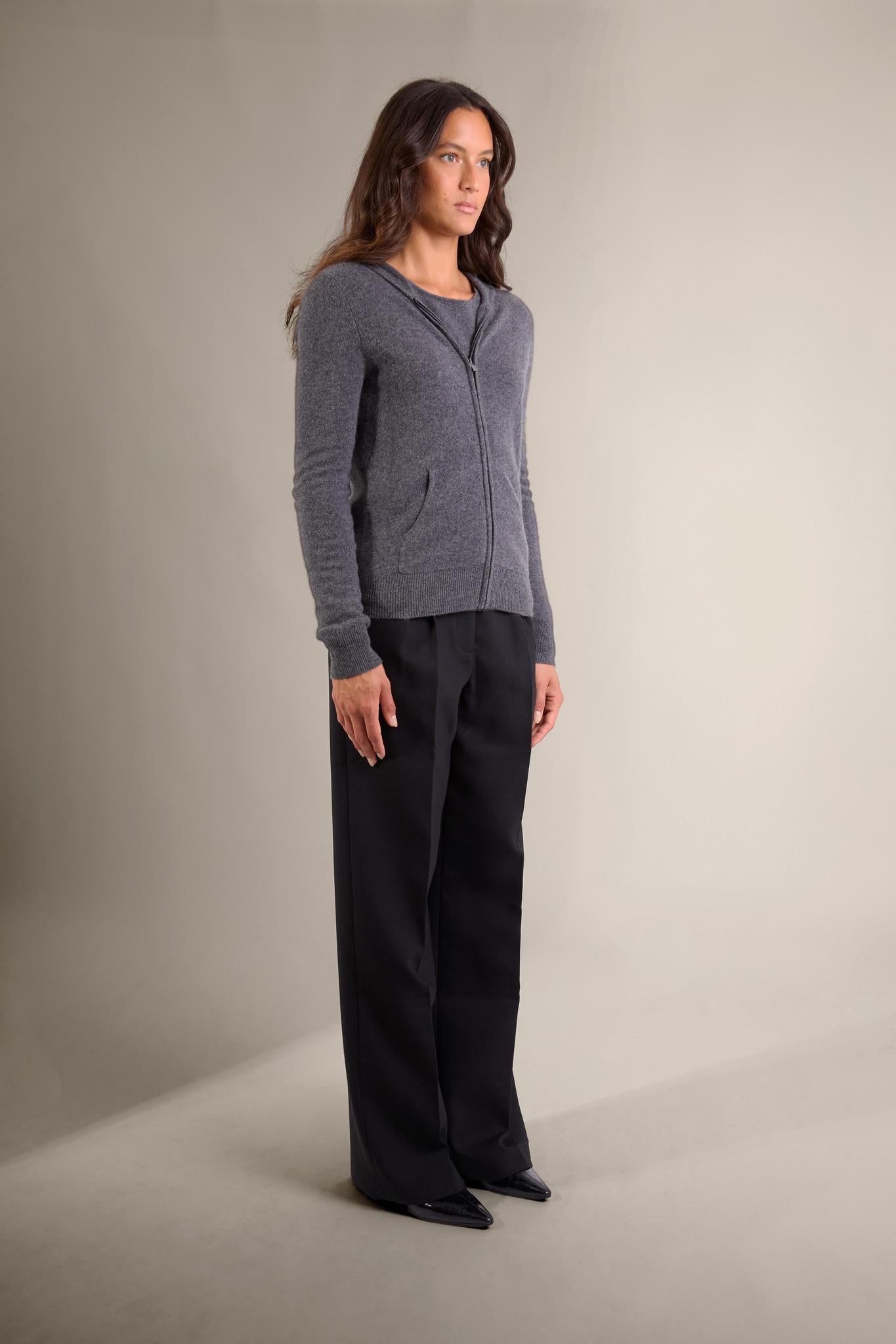 EMMA gilet zippé capuche anthracite chiné 100% cachemire