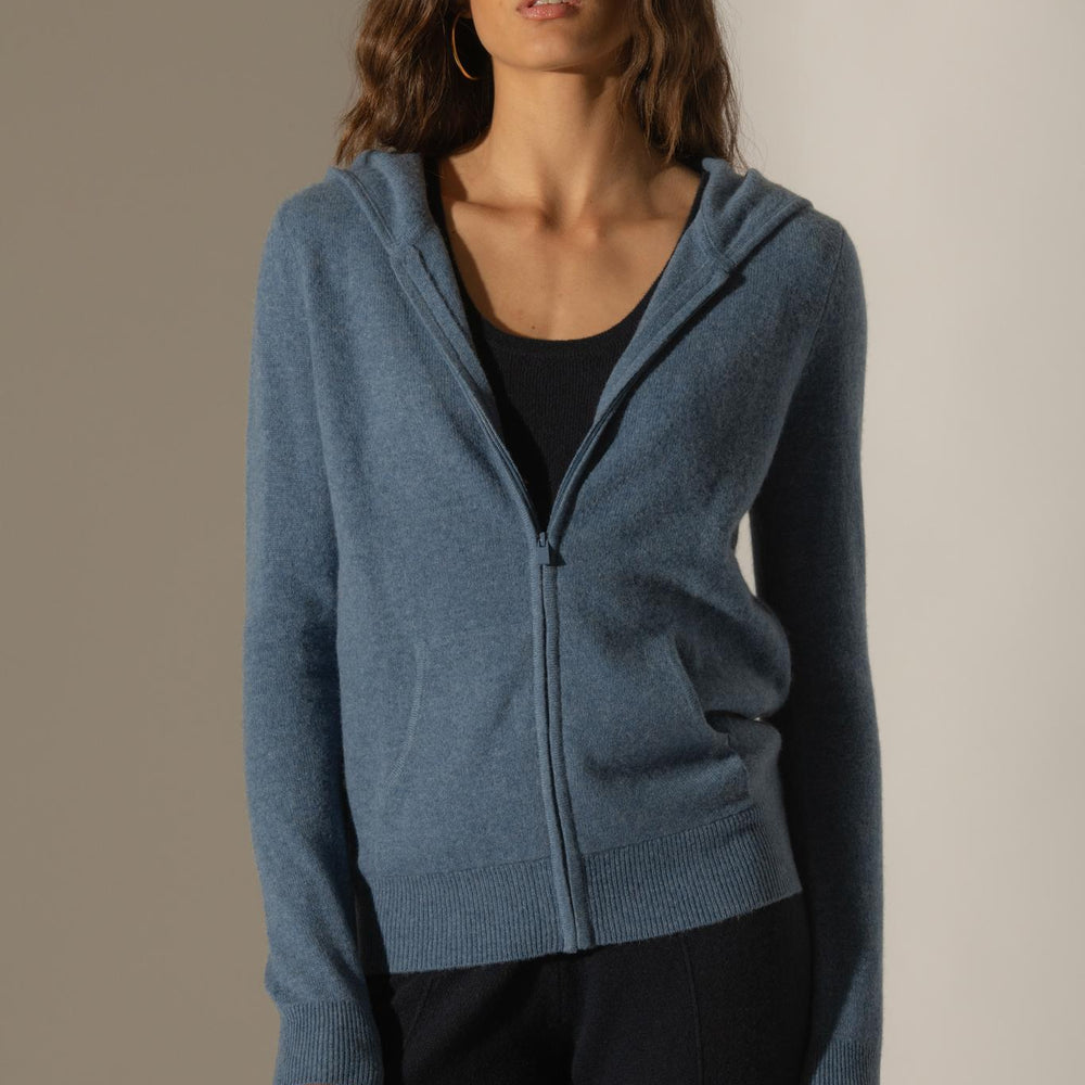 EMMA gilet zippé capuche bleu denim 100% cachemire