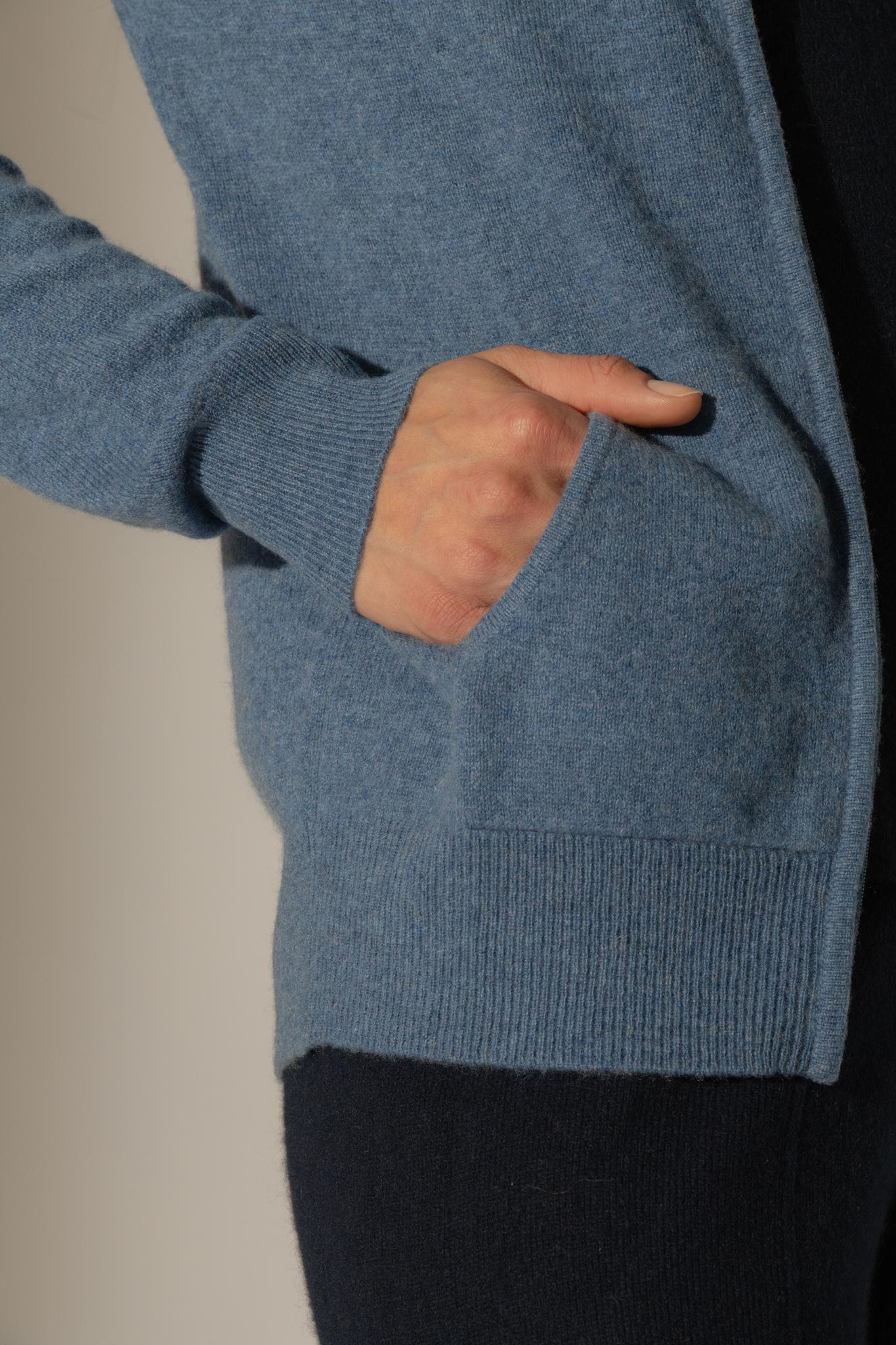 EMMA gilet zippé capuche bleu denim 100% cachemire
