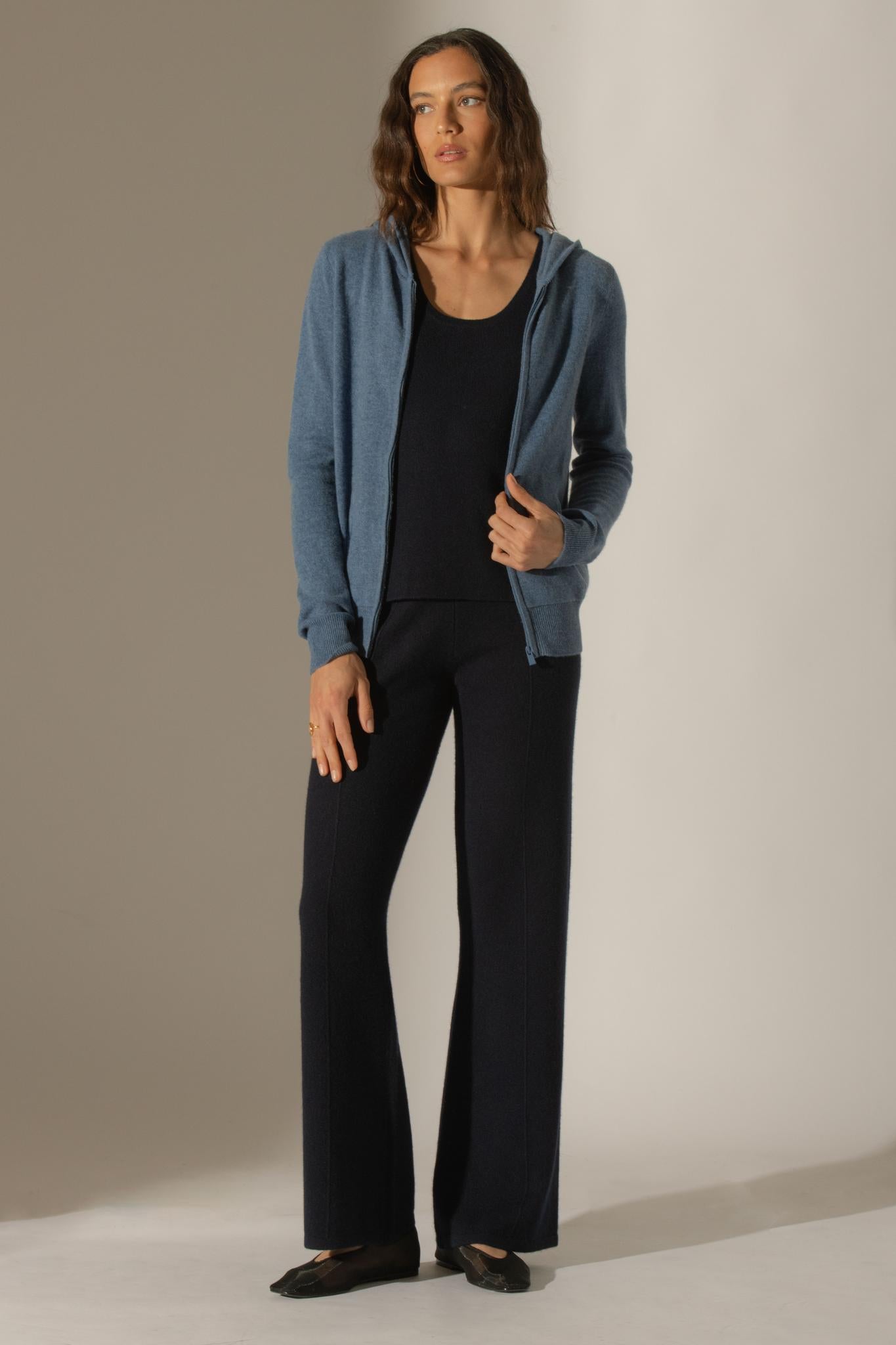 EMMA gilet zippé capuche bleu denim 100% cachemire