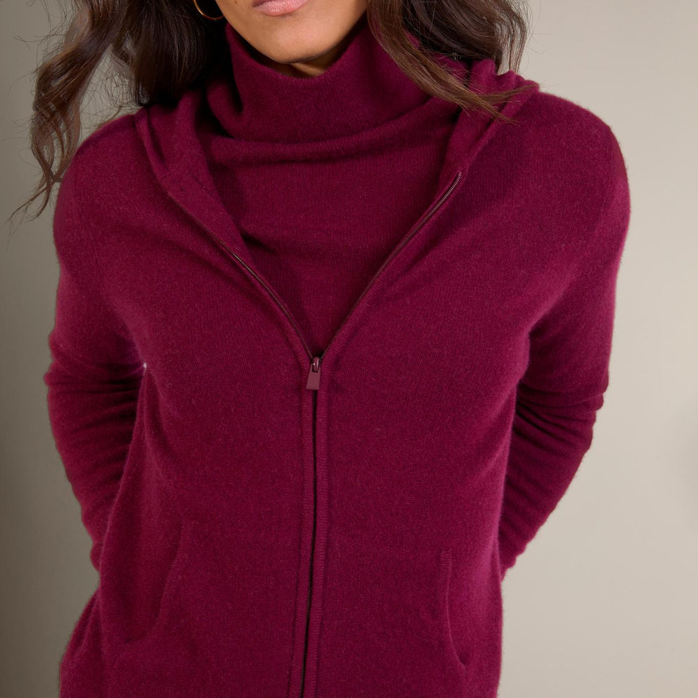 EMMA gilet zippé capuche bordeaux 100% cachemire