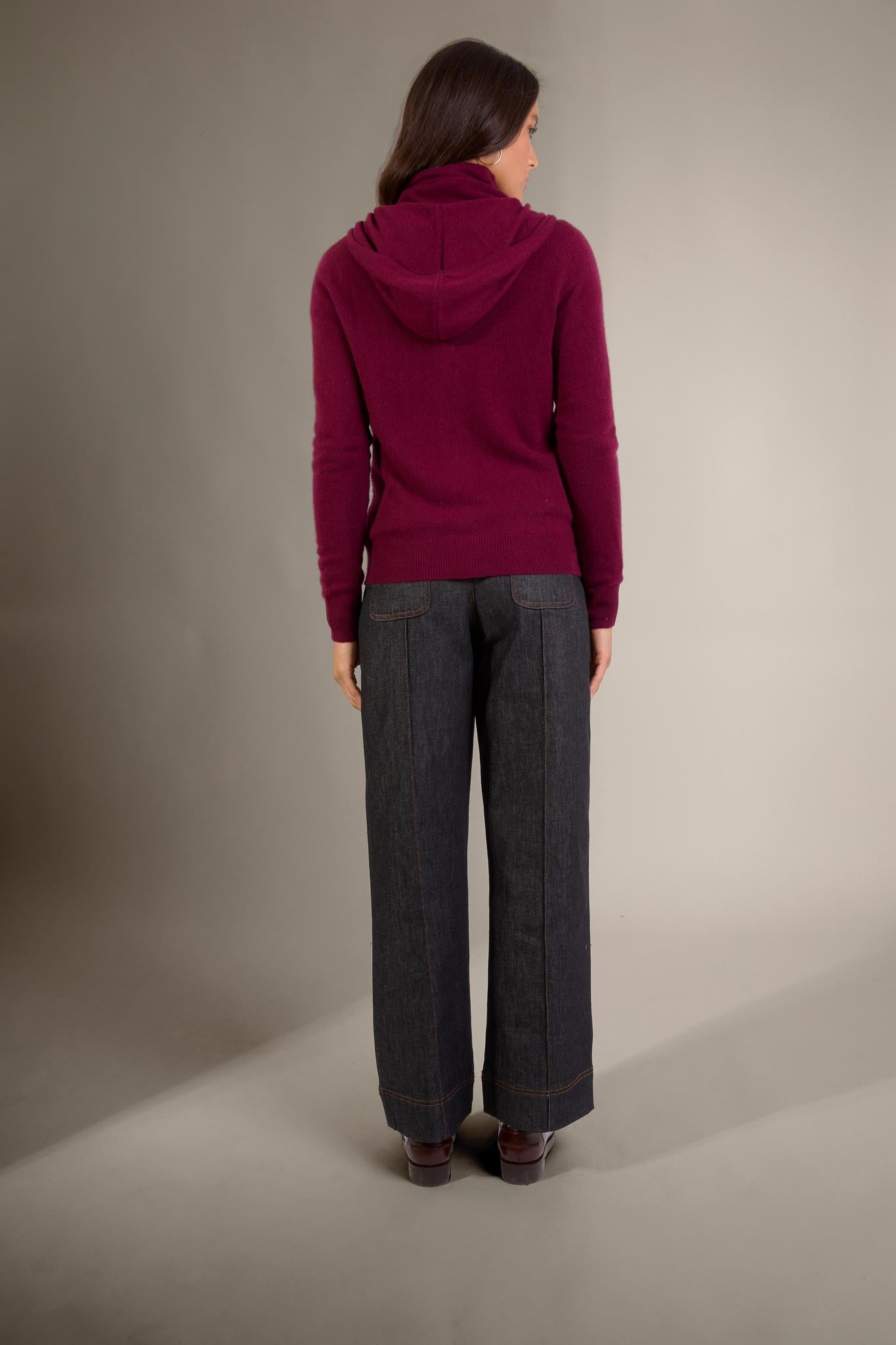 EMMA gilet zippé capuche bordeaux 100% cachemire