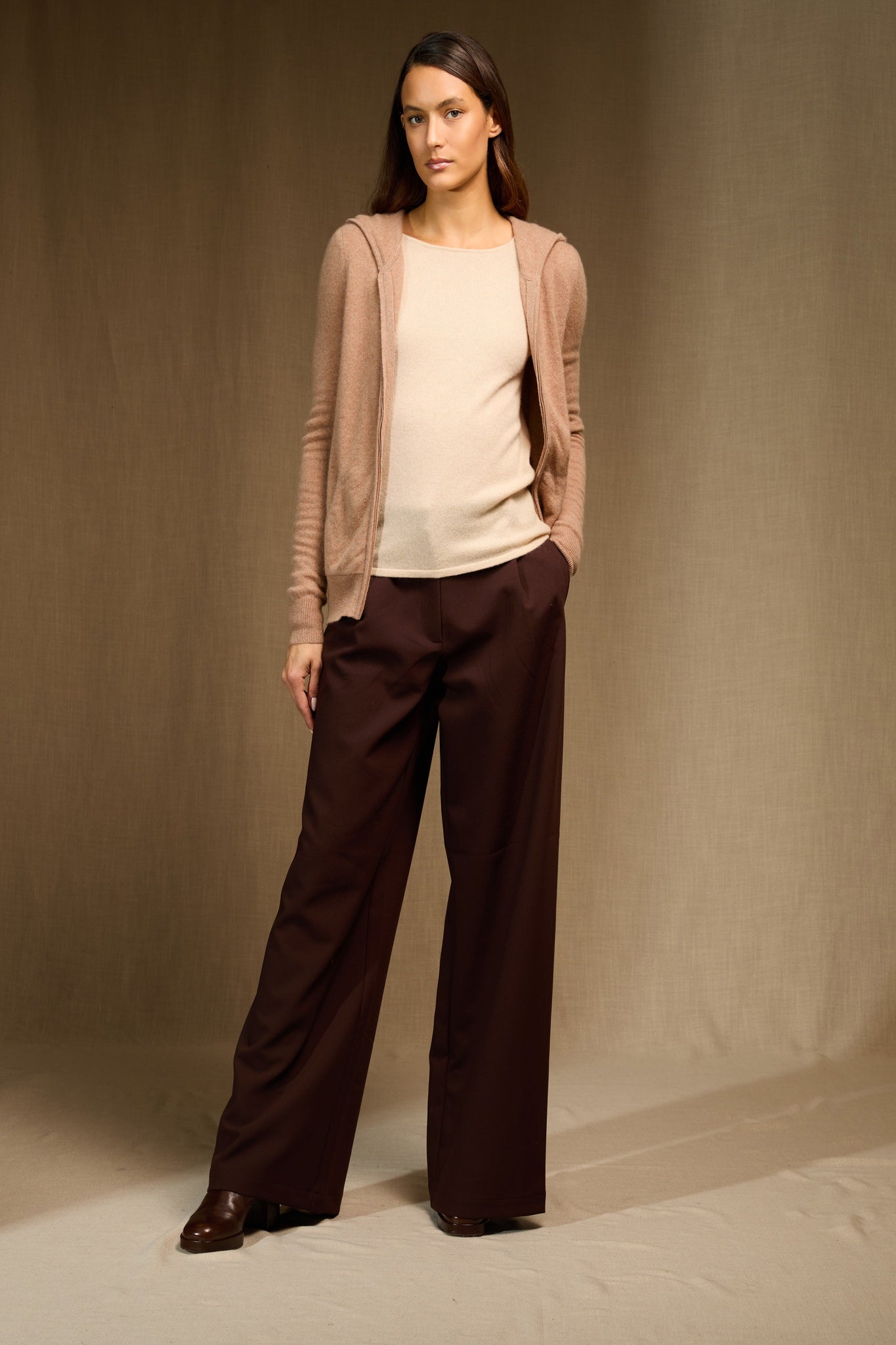 emma gilet zippé capuche camel chiné 100% cachemire