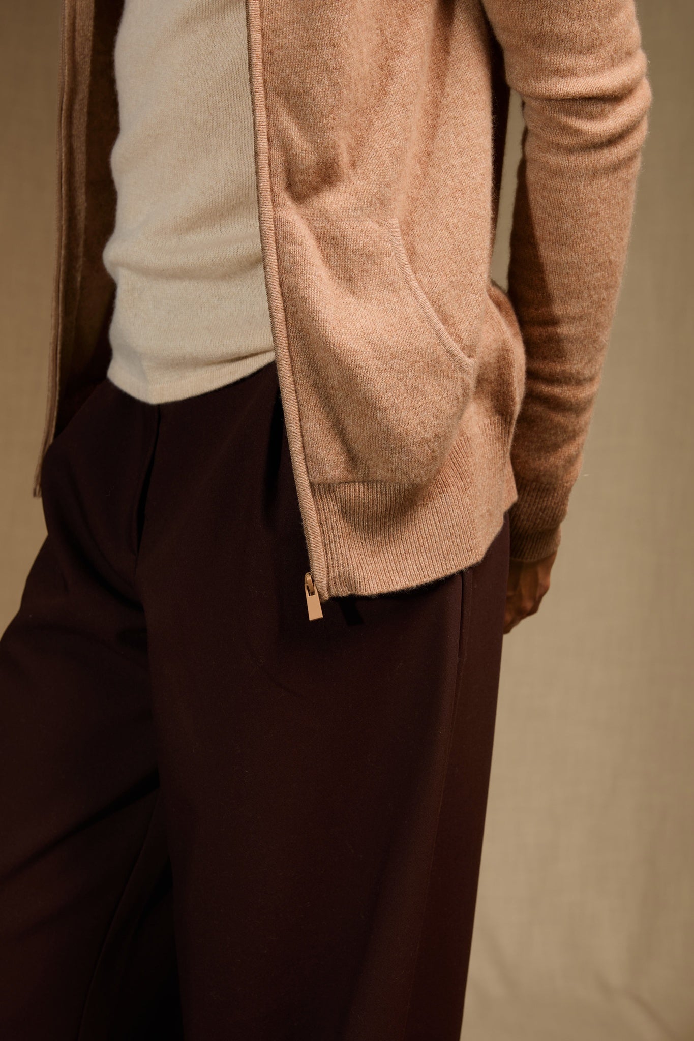 emma gilet zippé capuche camel chiné 100% cachemire