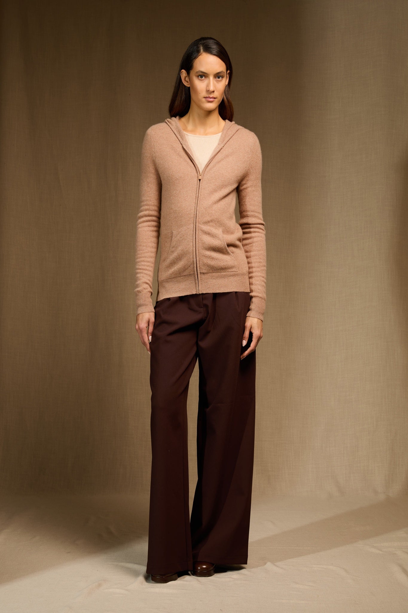 emma gilet zippé capuche camel chiné 100% cachemire