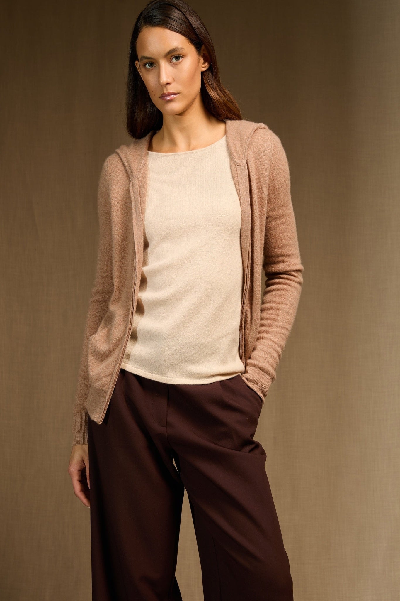 emma gilet zippé capuche camel chiné 100% cachemire