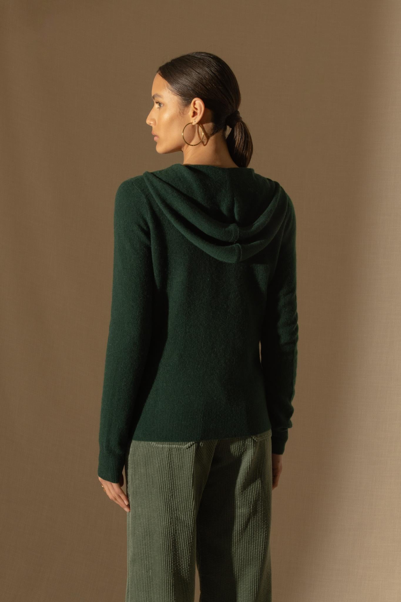 EMMA gilet zippé capuche cyprès 100% cachemire