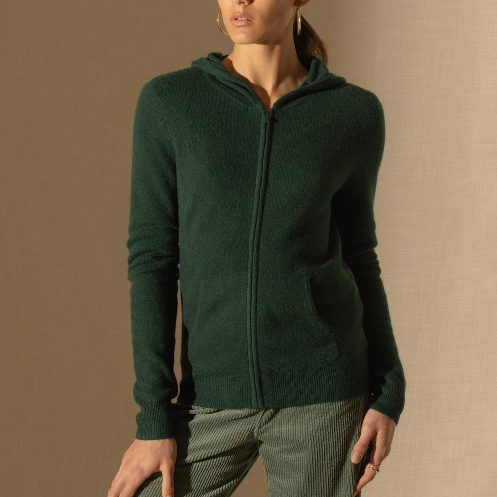 EMMA gilet zippé capuche cyprès 100% cachemire