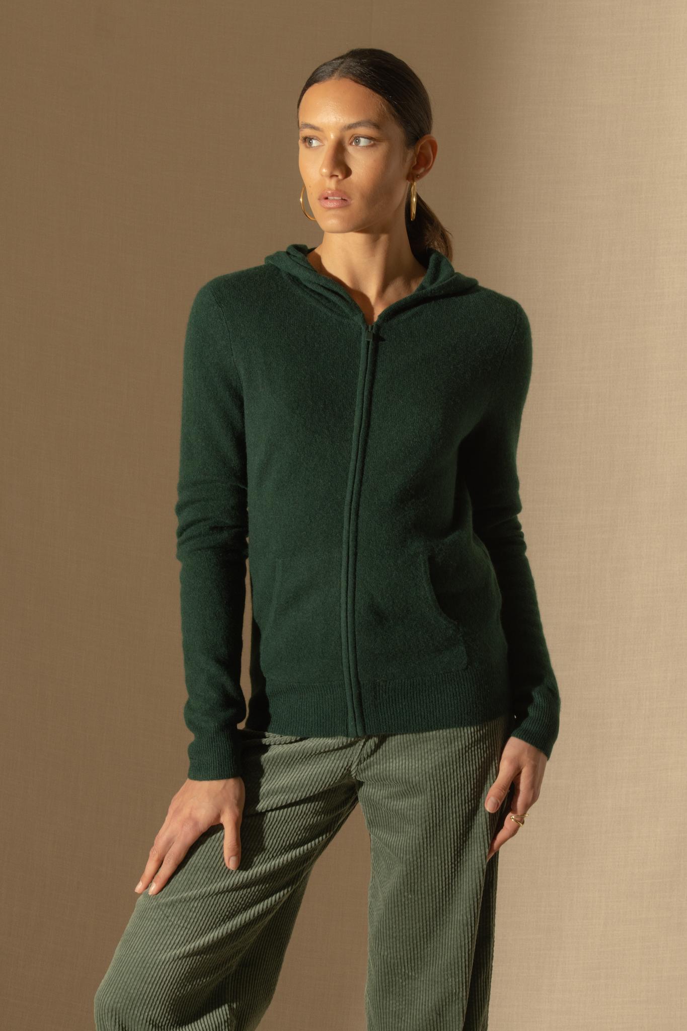 EMMA gilet zippé capuche cyprès 100% cachemire