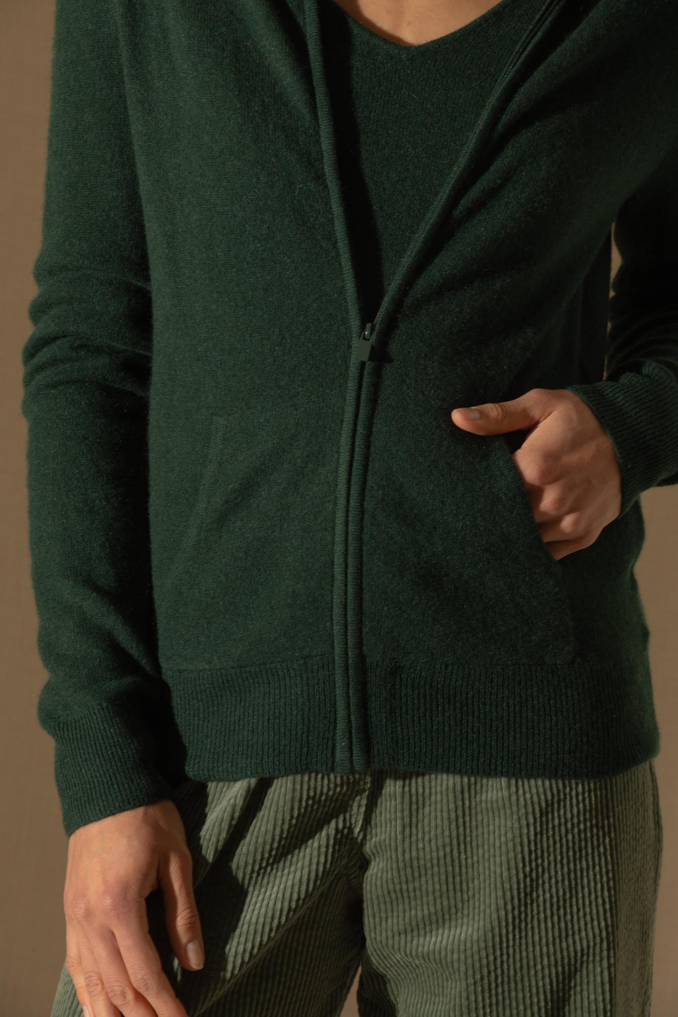 EMMA gilet zippé capuche cyprès 100% cachemire