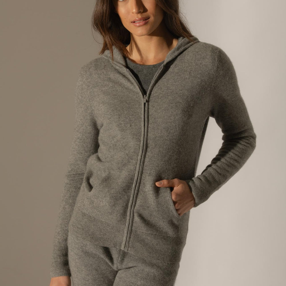 EMMA gilet zippé capuche flanelle chiné 100% cachemire
