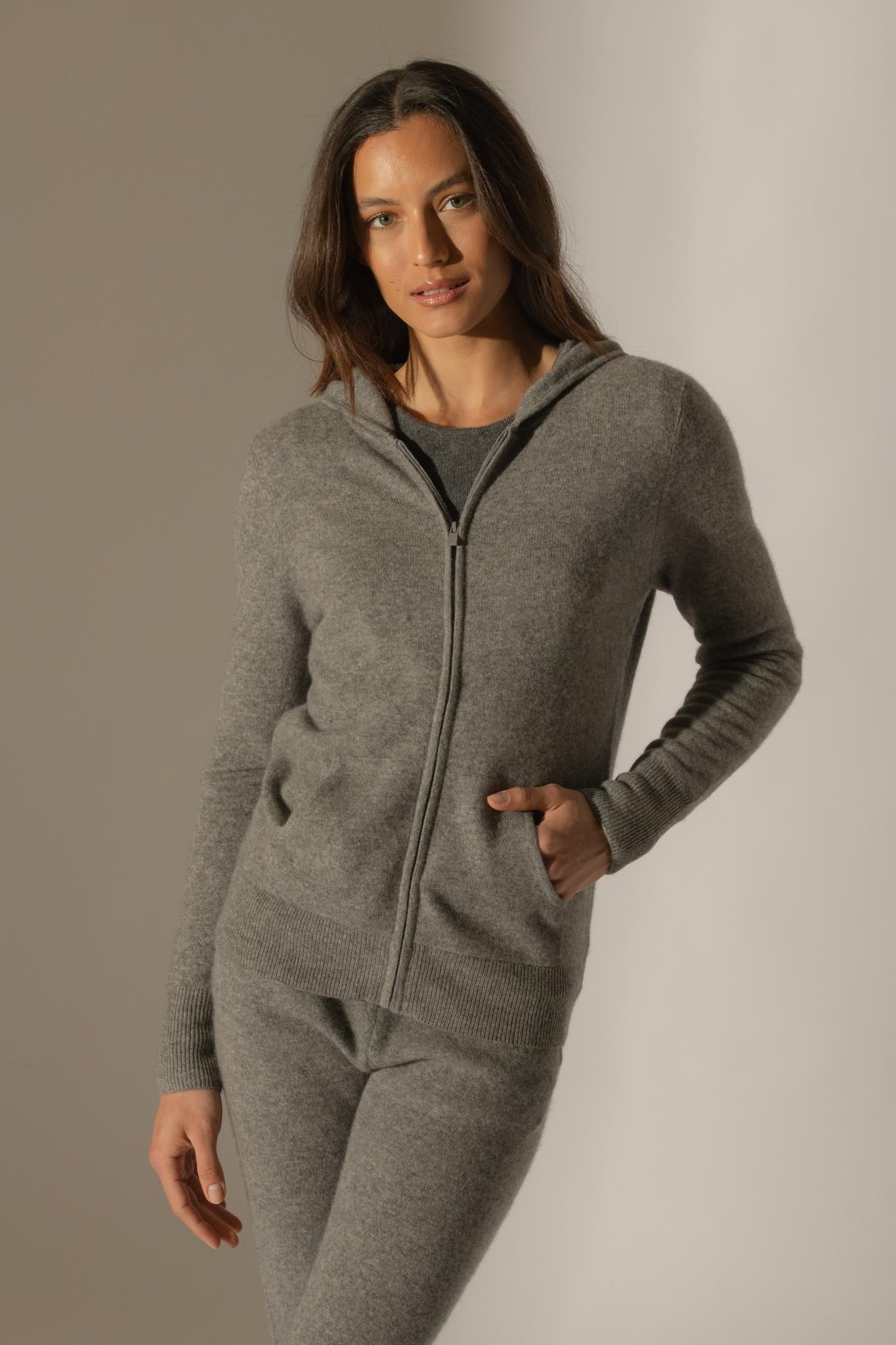 EMMA gilet zippé capuche flanelle chiné 100% cachemire