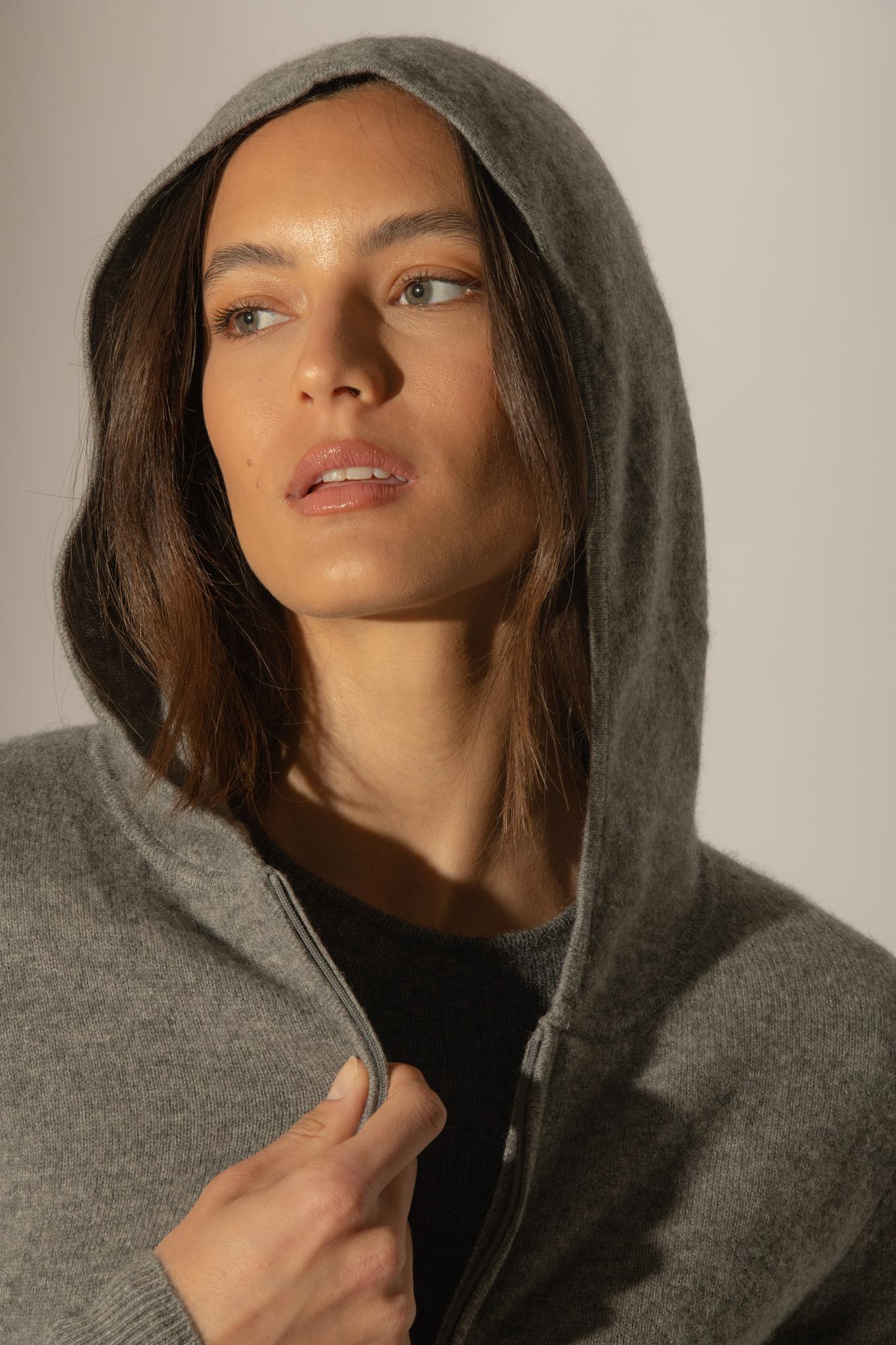 EMMA gilet zippé capuche flanelle chiné 100% cachemire