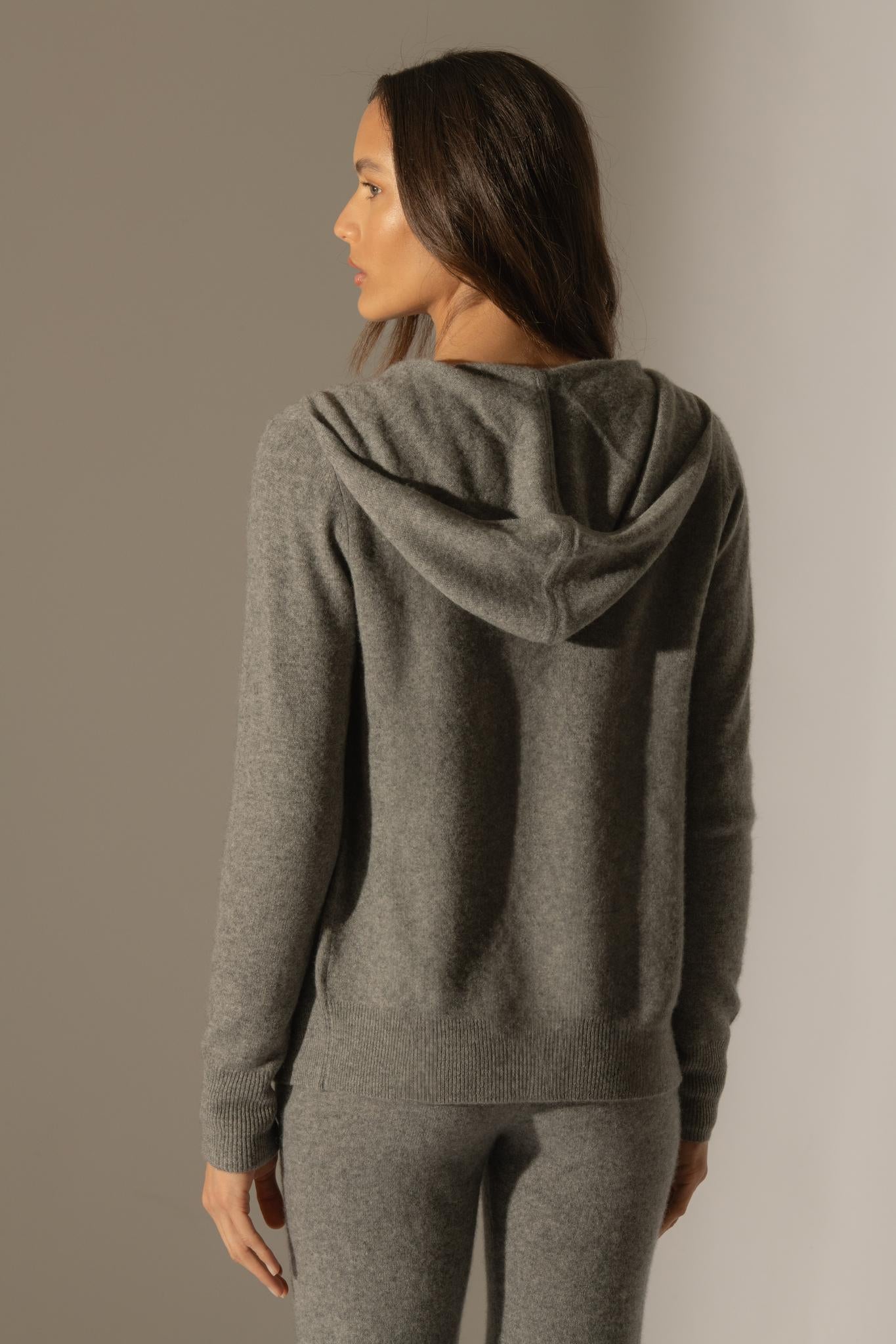 EMMA gilet zippé capuche flanelle chiné 100% cachemire