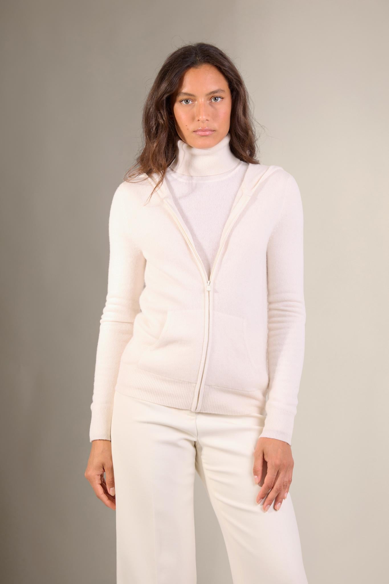 EMMA gilet zippé capuche ivoire 100% cachemire