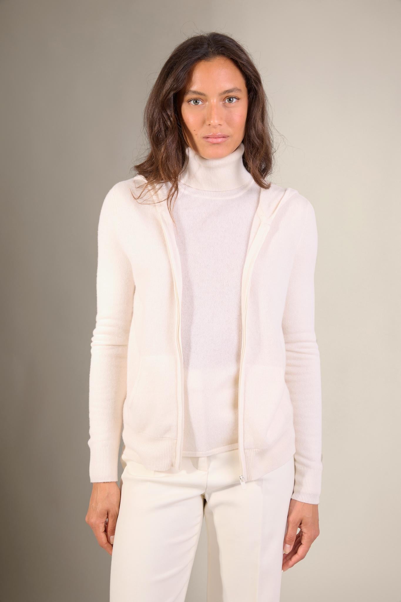EMMA gilet zippé capuche ivoire 100% cachemire
