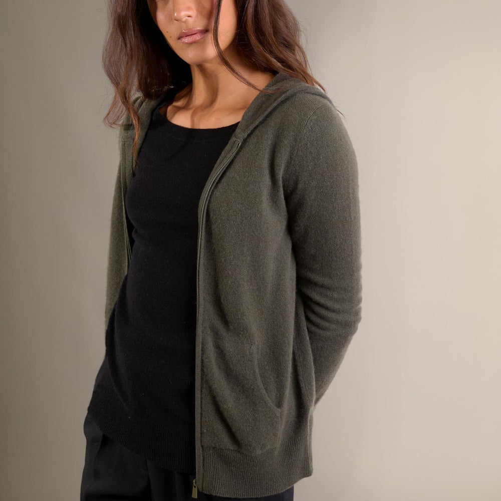 EMMA gilet zippé capuche kaki 100% cachemire