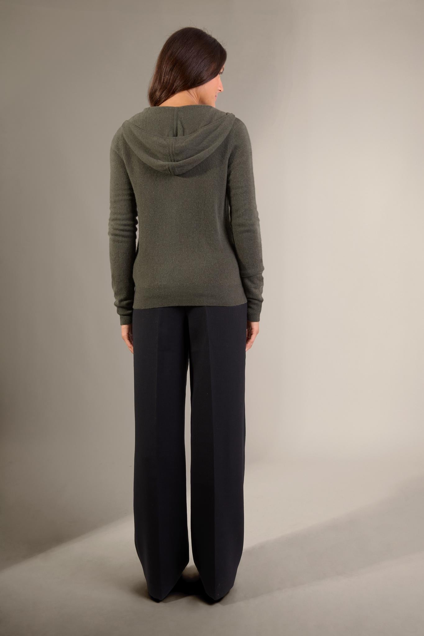 EMMA gilet zippé capuche kaki 100% cachemire