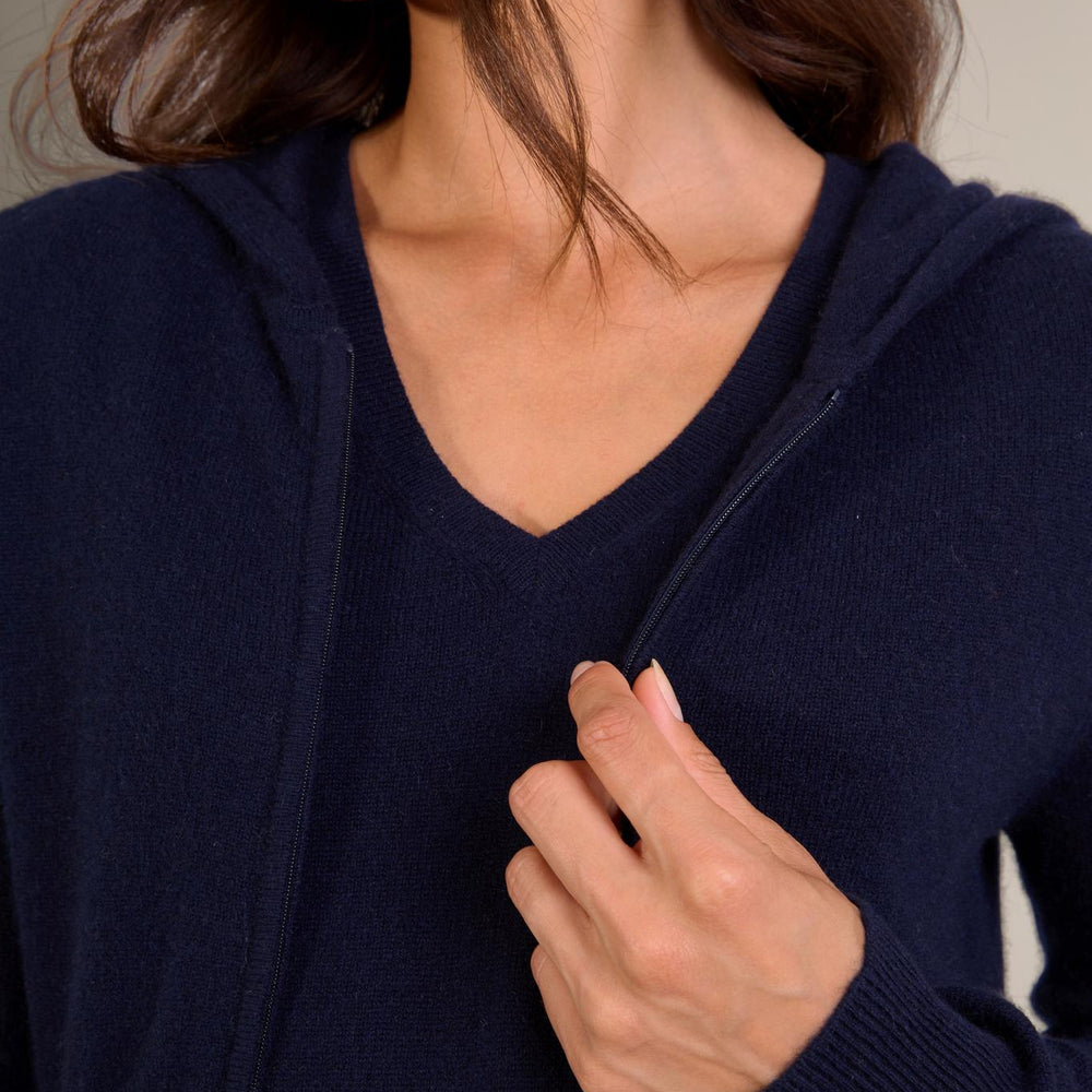 EMMA gilet zippé capuche navy 100% cachemire