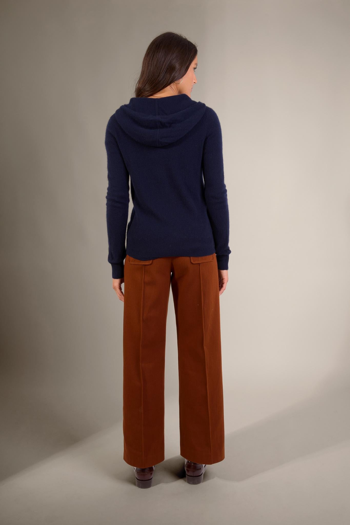 EMMA gilet zippé capuche navy 100% cachemire