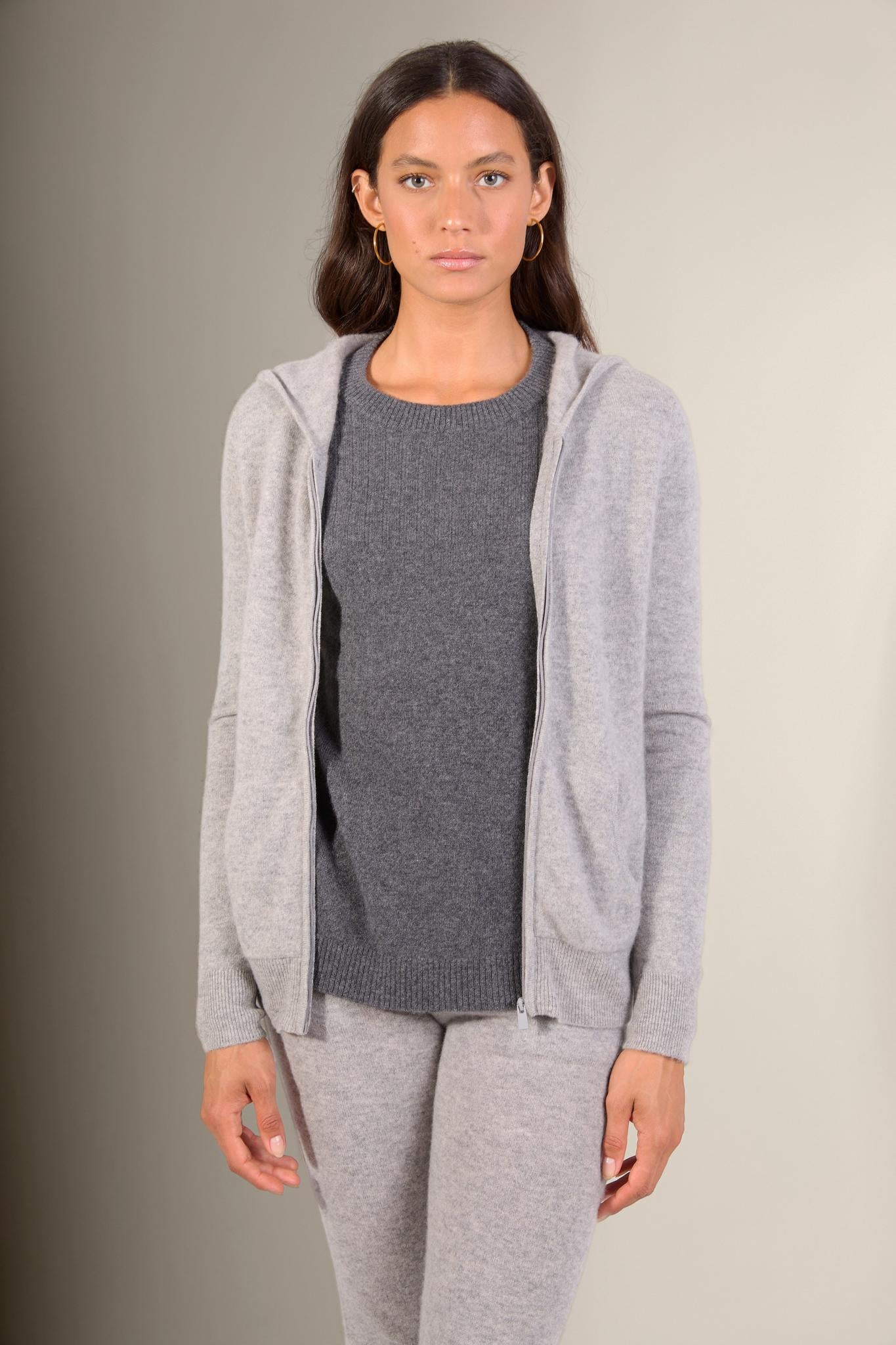 EMMA gilet zippé capuche nuage chiné 100% cachemire