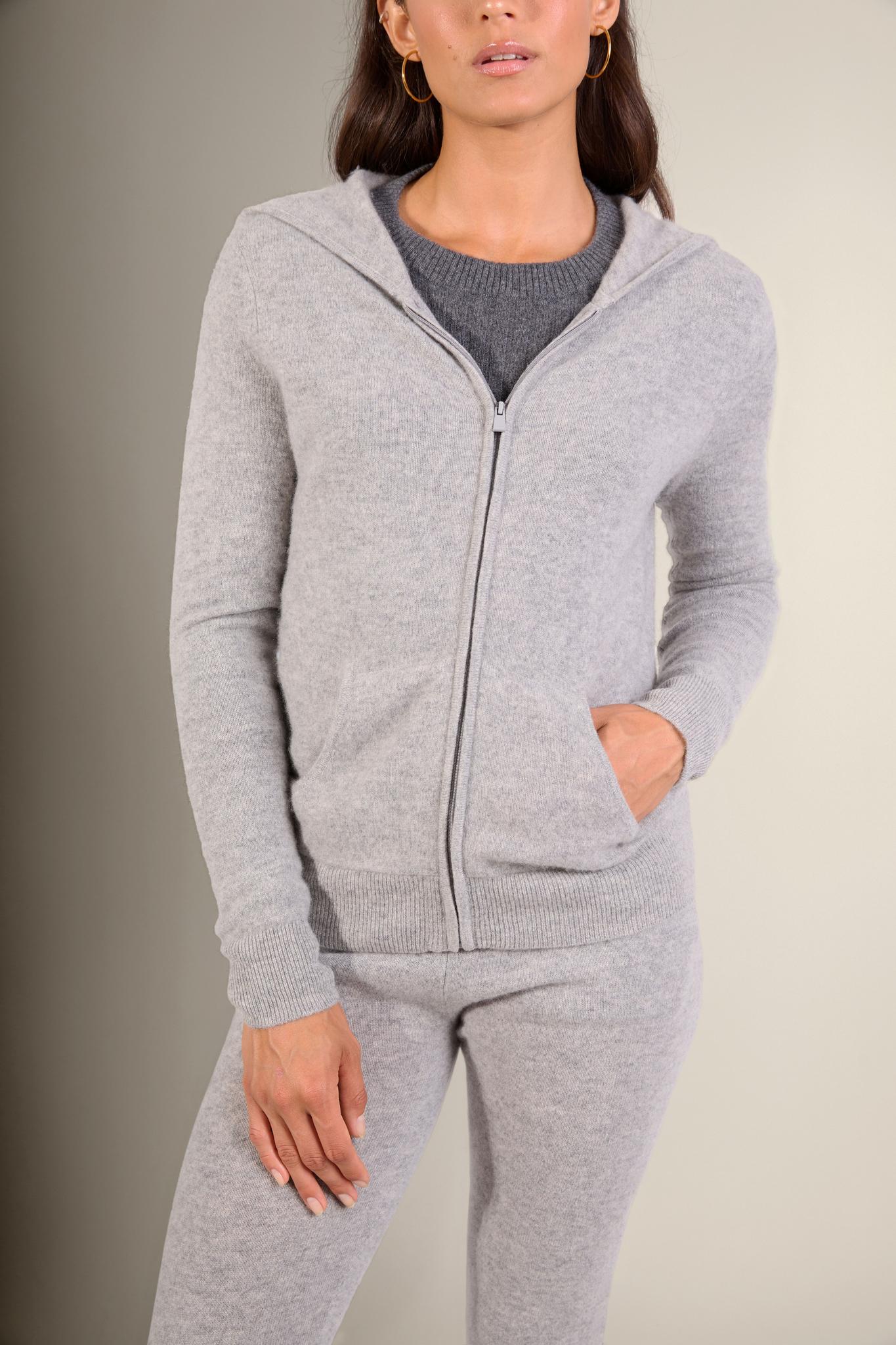 EMMA gilet zippé capuche nuage chiné 100% cachemire