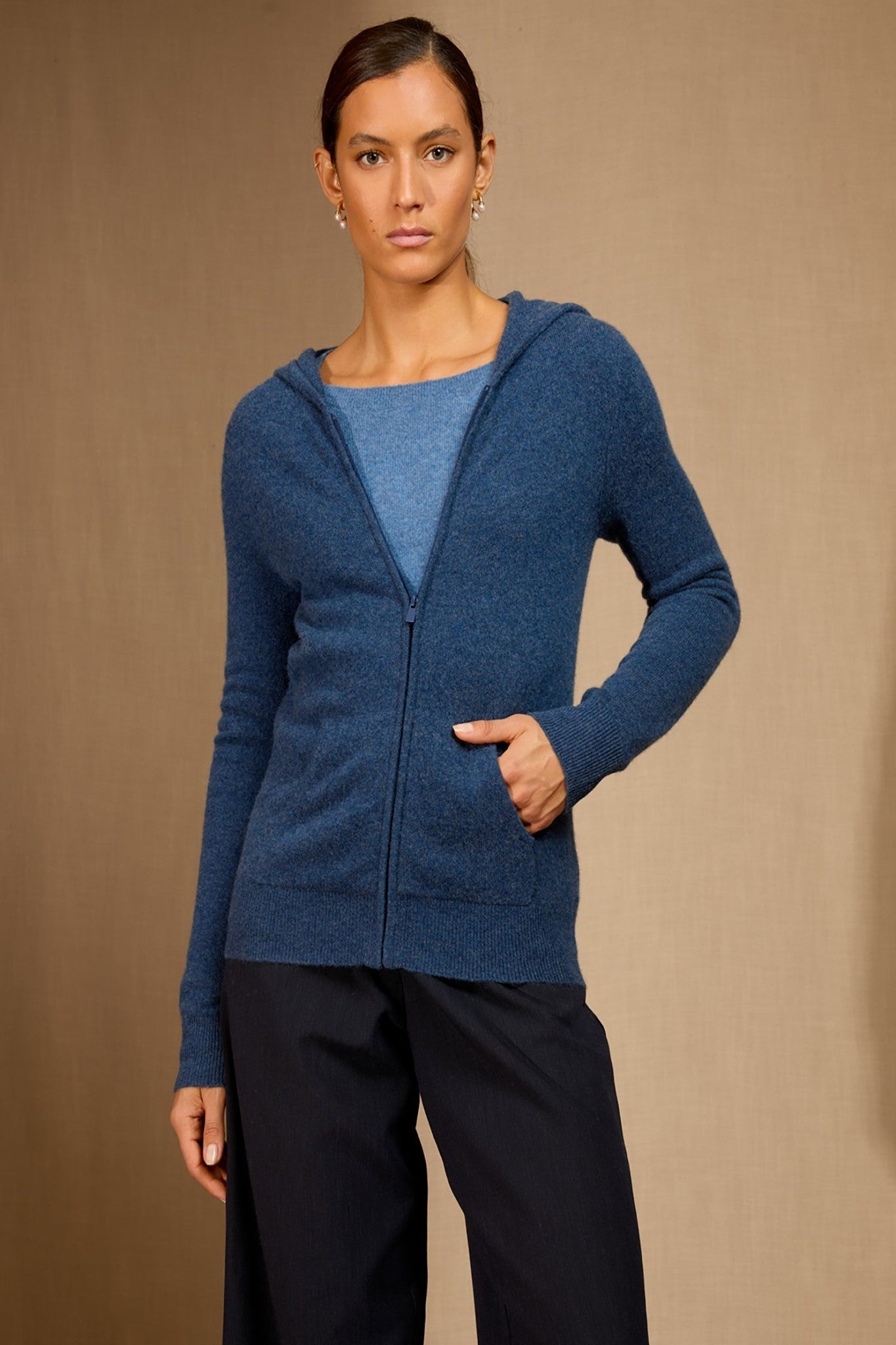 emma gilet zippé capuche ocean chiné 100% cachemire