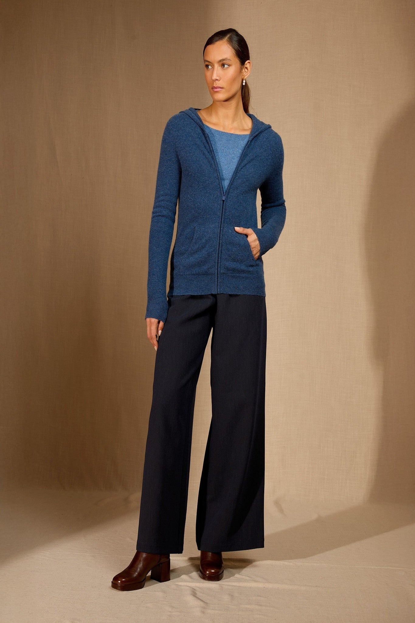 emma gilet zippé capuche ocean chiné 100% cachemire